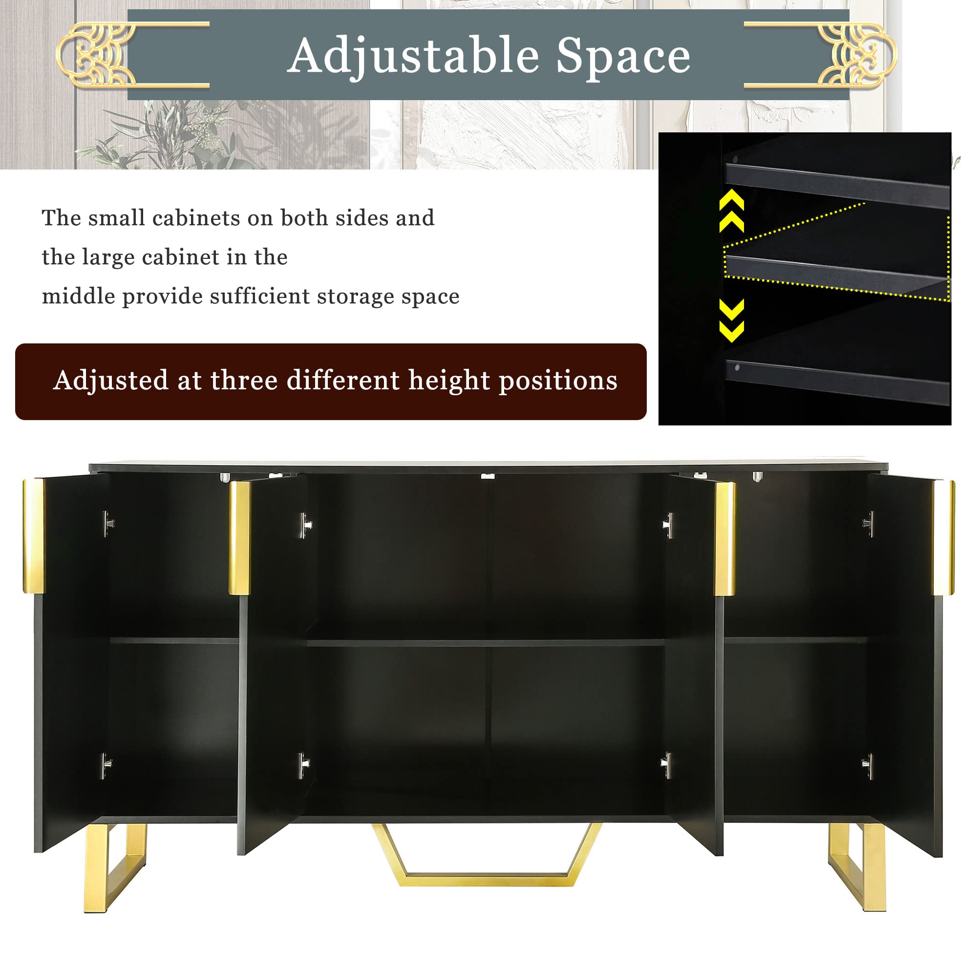 Modern 4-Door Sideboard Buffet Cabinet with Adjustable Shelves - Solid Wood Kitchen Storage Credenza for Dining Room & Kitchen Organization - Perfect for Entertaining, Storing Dishes, and Displaying Decor