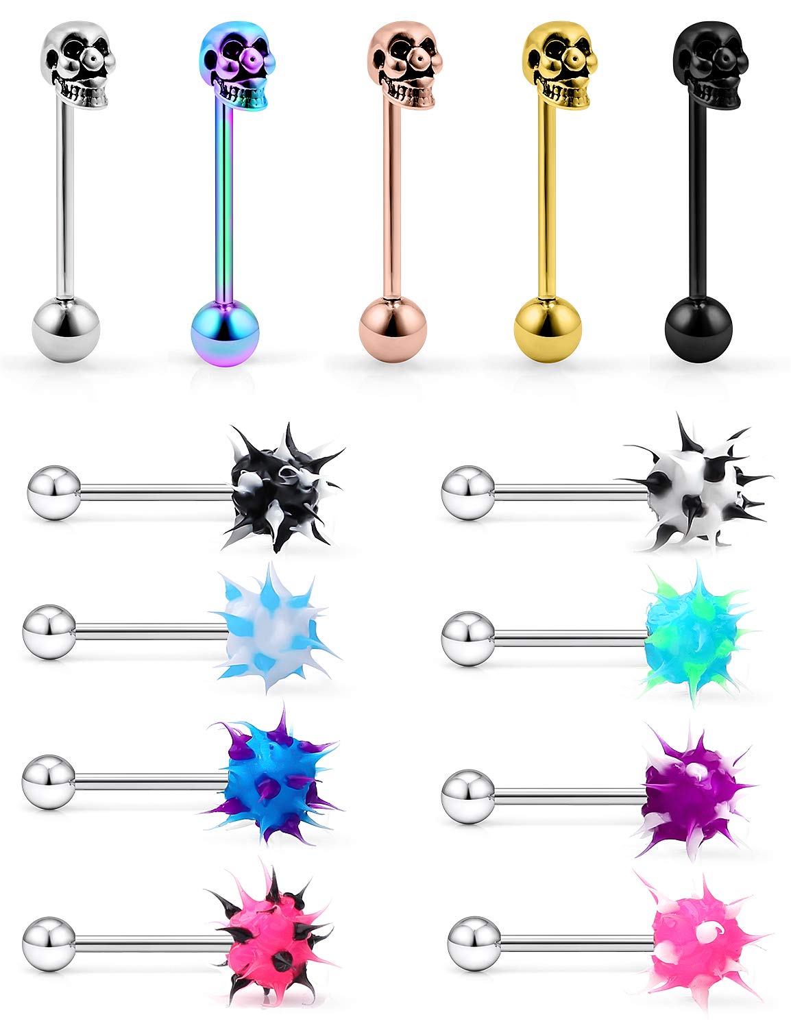 14G Surgical Steel Tongue Rings - 13PCS Skull & Koosh Spiky Tongue Jewelry Set with Silicone Soft Spike Balls for Men & Women | Perfect for Piercing Enthusiasts, Alternative Fashion & Self-Expression