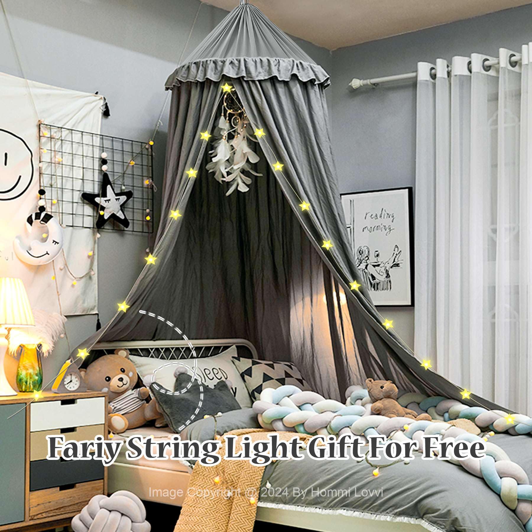 Dreamy Frills Princess Bed Canopy for Girls - Extra Large Full/Queen Size, Soft Grey Ceiling Hanging Canopy Net for Bedroom Decor | Perfect for Reading Nooks, Sleepovers & Fantasy Bedroom Makeovers