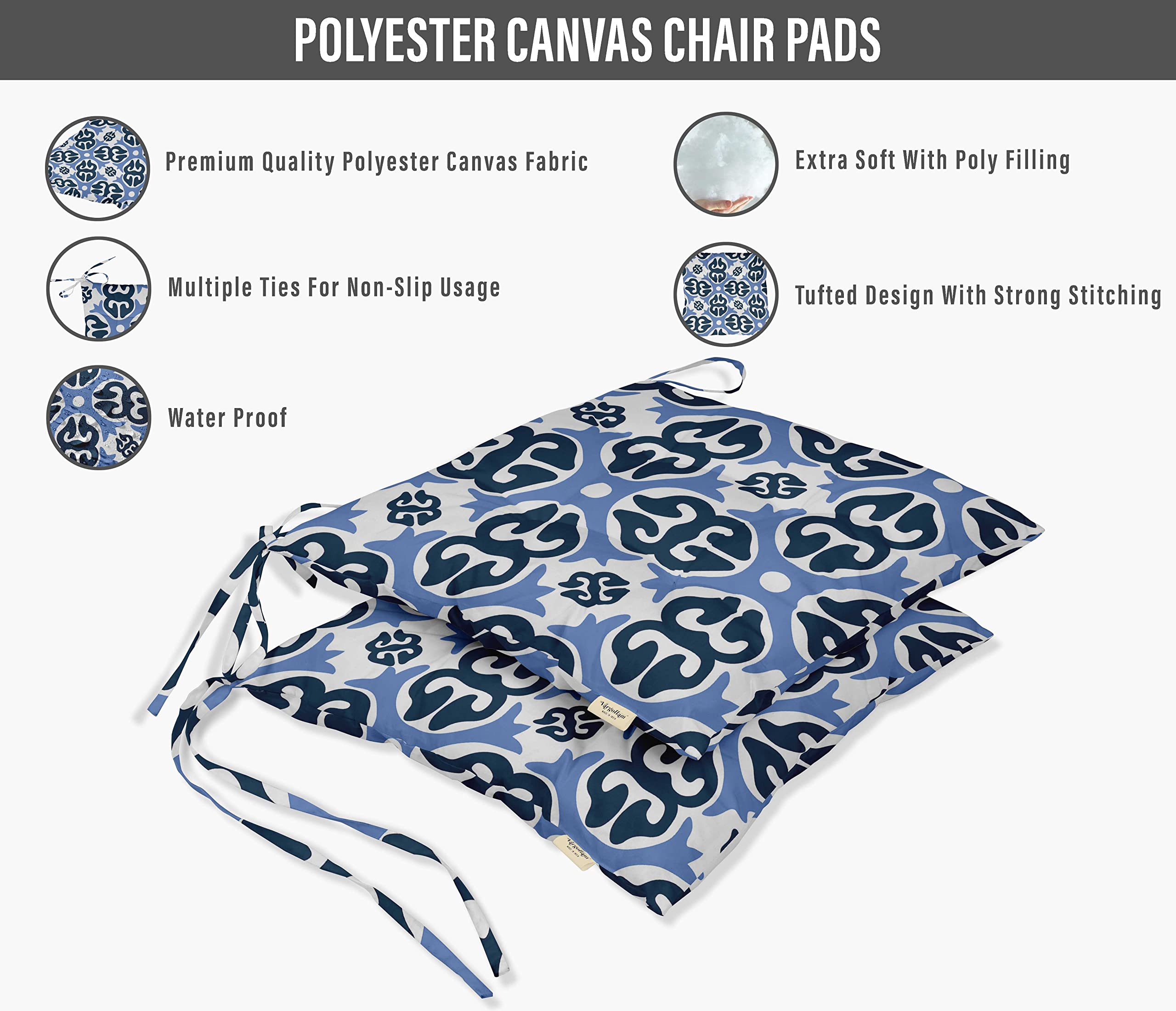 Premium Water-Resistant Indoor/Outdoor Tufted Square Patio Cushion Set of 2 - 19 Inch Blue Printed Seat Cushions with Asian Ornamental Design | Perfect for Garden, Balcony & Poolside Furniture