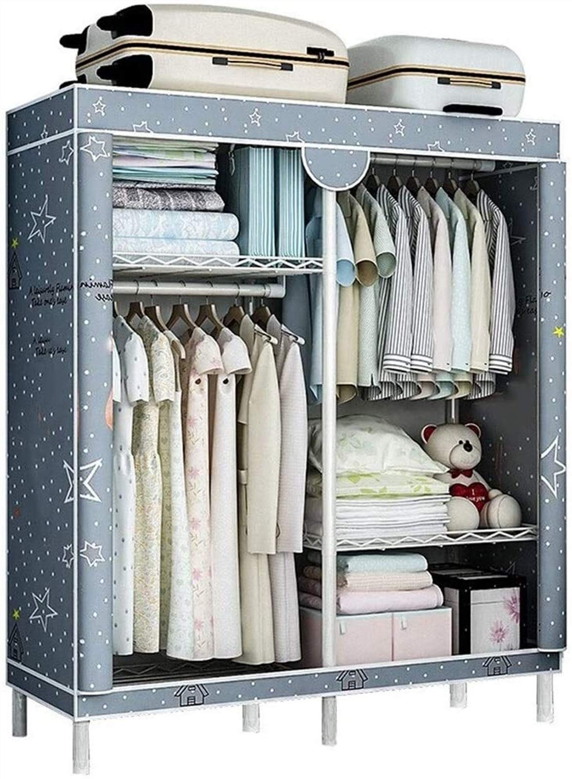 Portable Closet Wardrobe with Non-Woven Fabric & Hanging Rods - Easy Assembly Grey Storage Organizer for Bedroom, Closet, Dorm, or Apartment