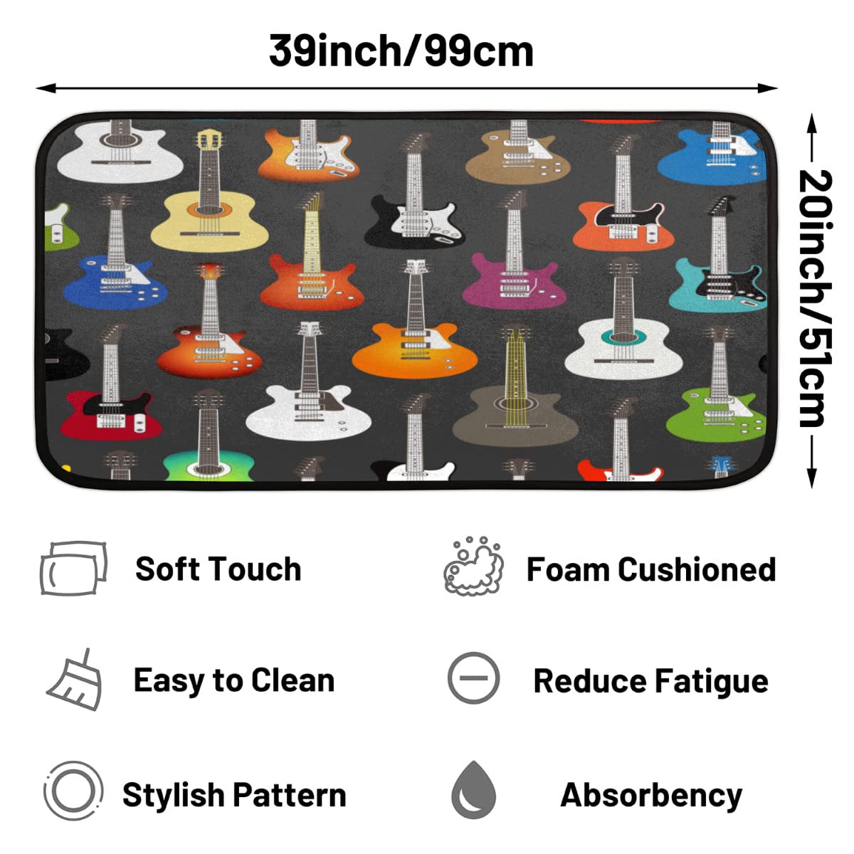 Pardick Non-Slip Music Theme Kitchen Rugs - Washable Absorbent Anti-Fatigue Memory Foam Mat for Kitchen, Bathroom & Entryway (39x20 Inches) - Perfect for Musicians, Home Chefs & High-Traffic Areas