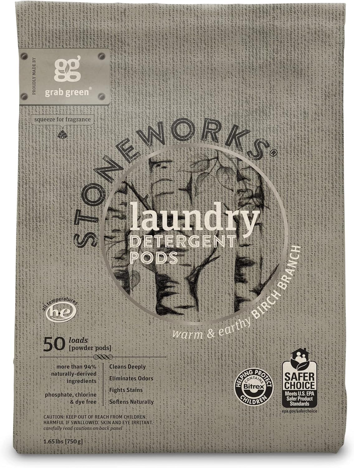 Grab Green Stoneworks Laundry Detergent Pods 100 Count - Plant-Based & Mineral-Powered Deep Cleaning Pods with Fresh Birch Branch Scent | Eliminates Odors & Stains | Perfect for HE Washers, Baby Clothes & Sensitive Skin | Eco-Friendly Laundry Solution for Busy Families