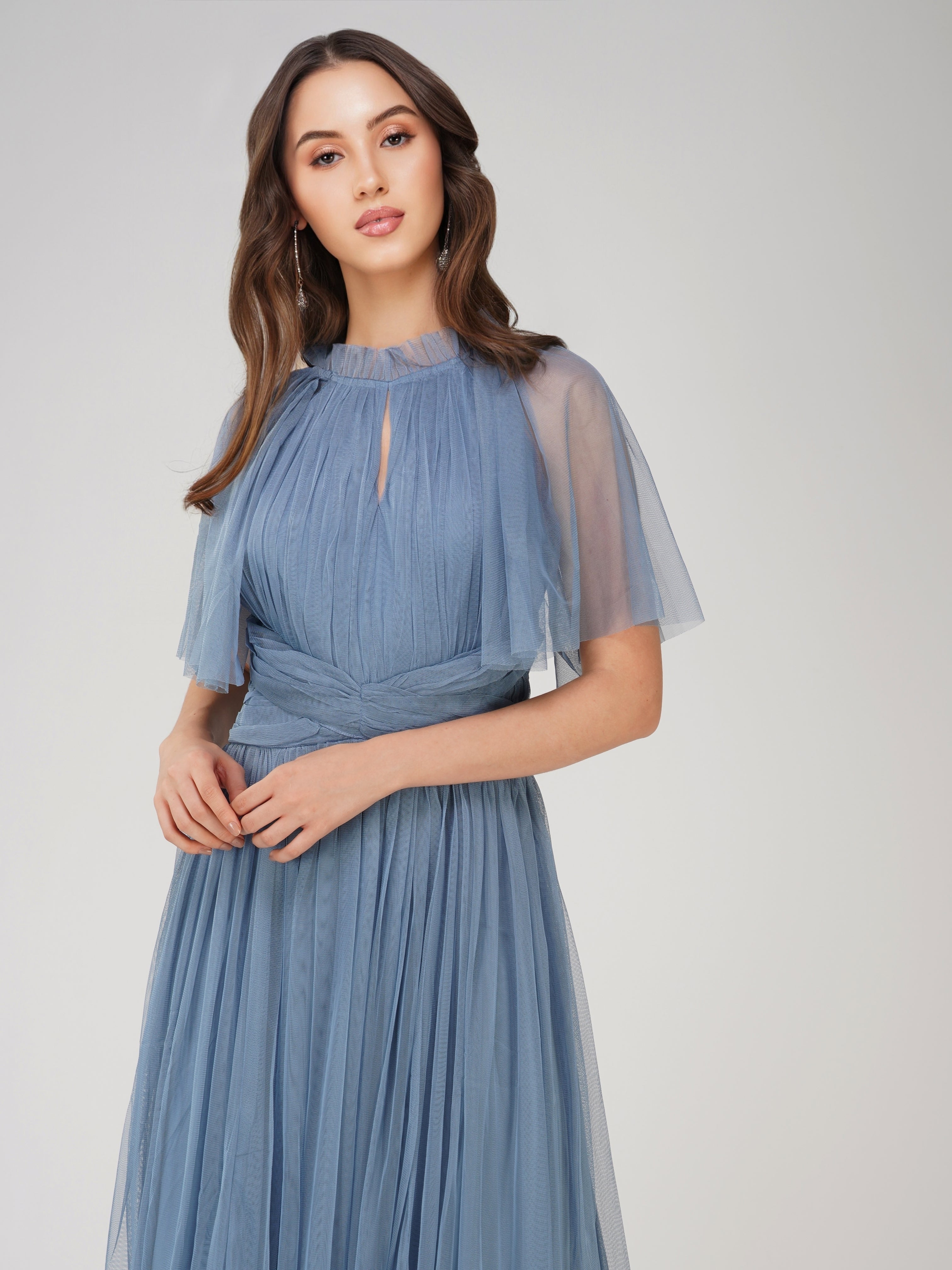 Elegant Cristiane Dusty Blue Tulle Midi Dress for Women | Formal Evening Gown | Wedding Guest Dress | Prom Party Dress | Flowy A-Line Skirt with Lace Details