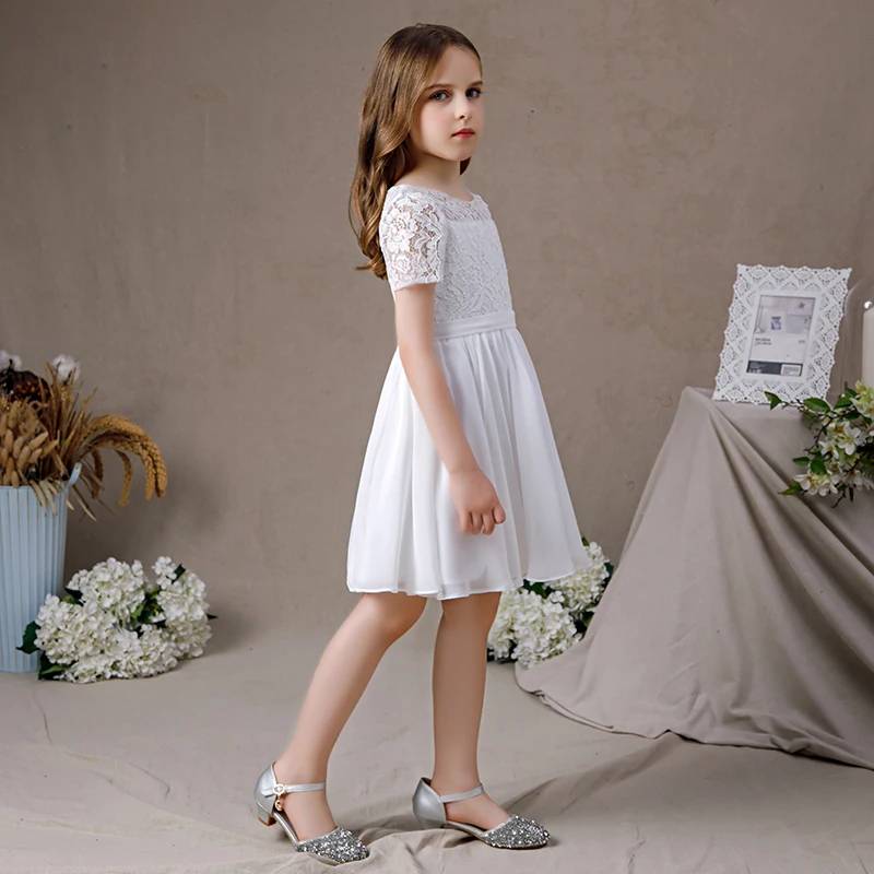 Elegant Short Sleeve Lace Chiffon Flower Girl Dress - Knee-Length Junior Bridesmaid Gown for Weddings, Parties & Special Occasions