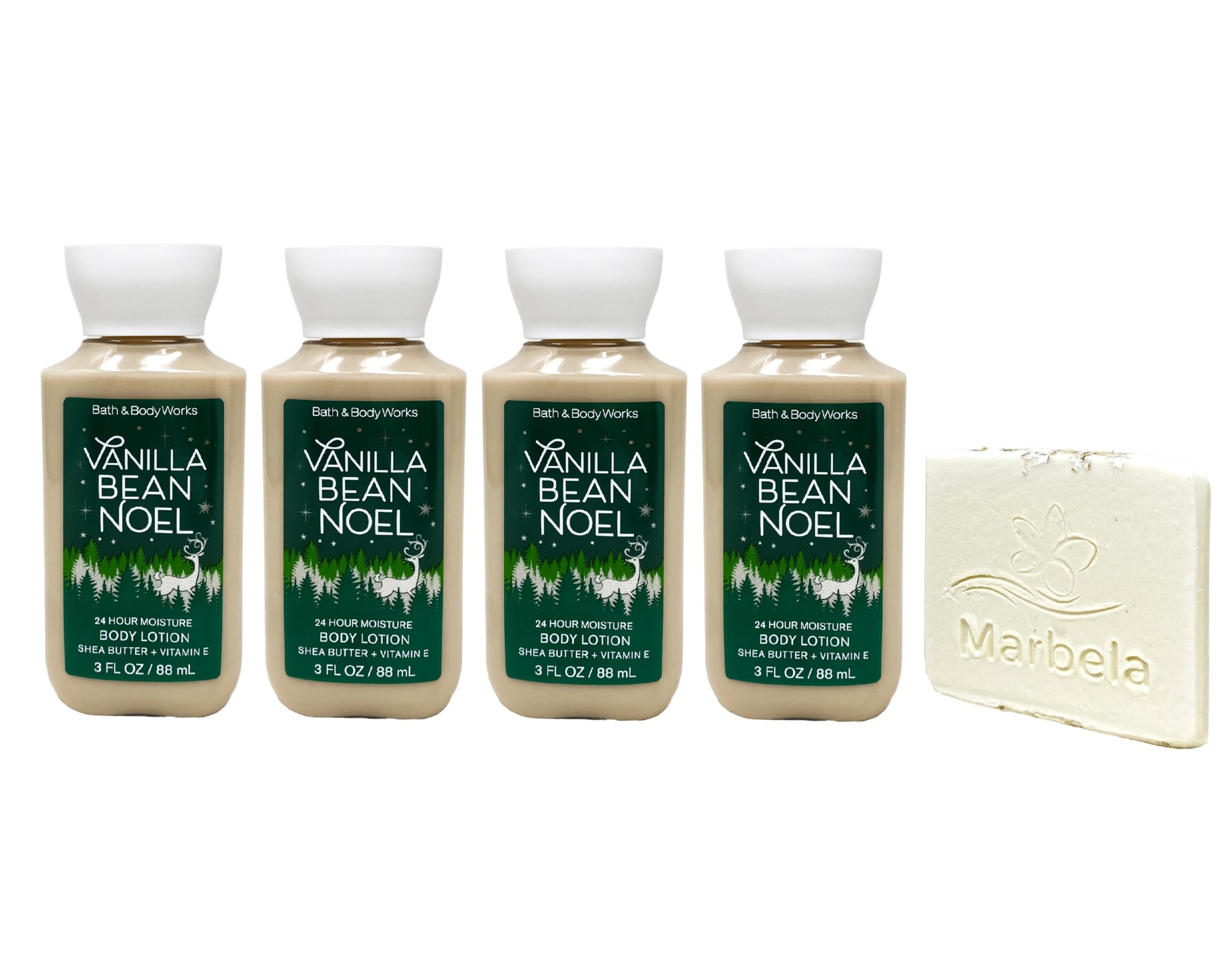 Bath & Body Works Vanilla Bean Noel 4-Piece Mini Body Lotion Gift Set with Free Natural Oats Soap Sample - Travel Size Moisturizing Lotion for Dry Skin - Perfect for Holidays, Gifts & On-The-Go Hydration