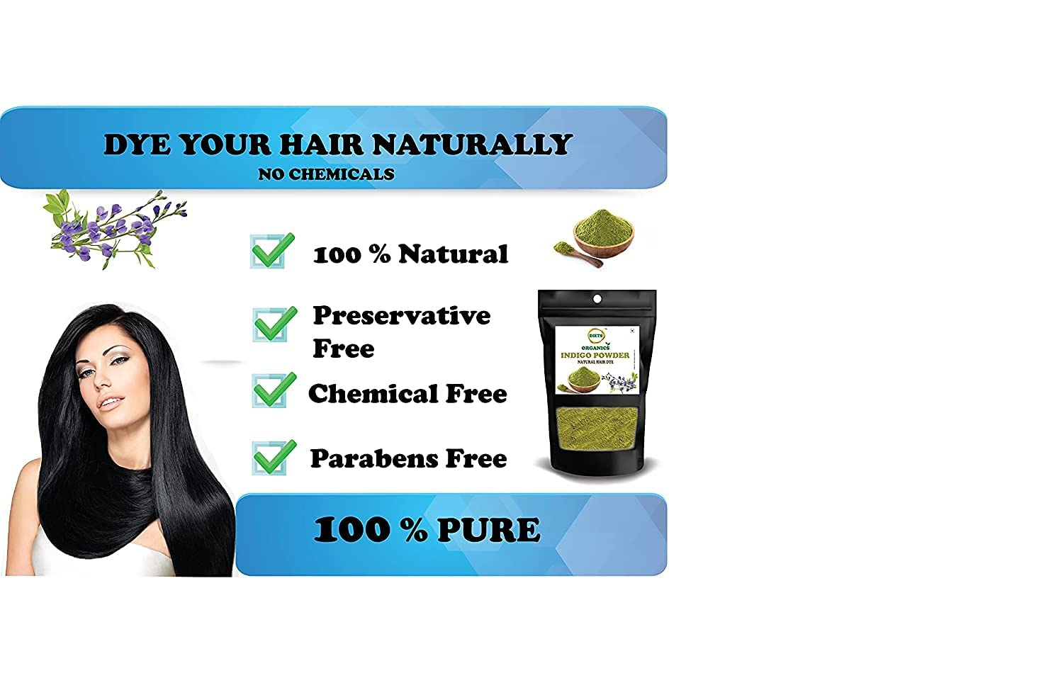 DIETS ORGANICS Natural Indigo Powder for Black Hair - 100g | Herbal Hair Dye & Gray Coverage | Safe Chemical-Free Hair Coloring for Men & Women | Perfect for DIY Hair Care & Natural Beauty Treatments