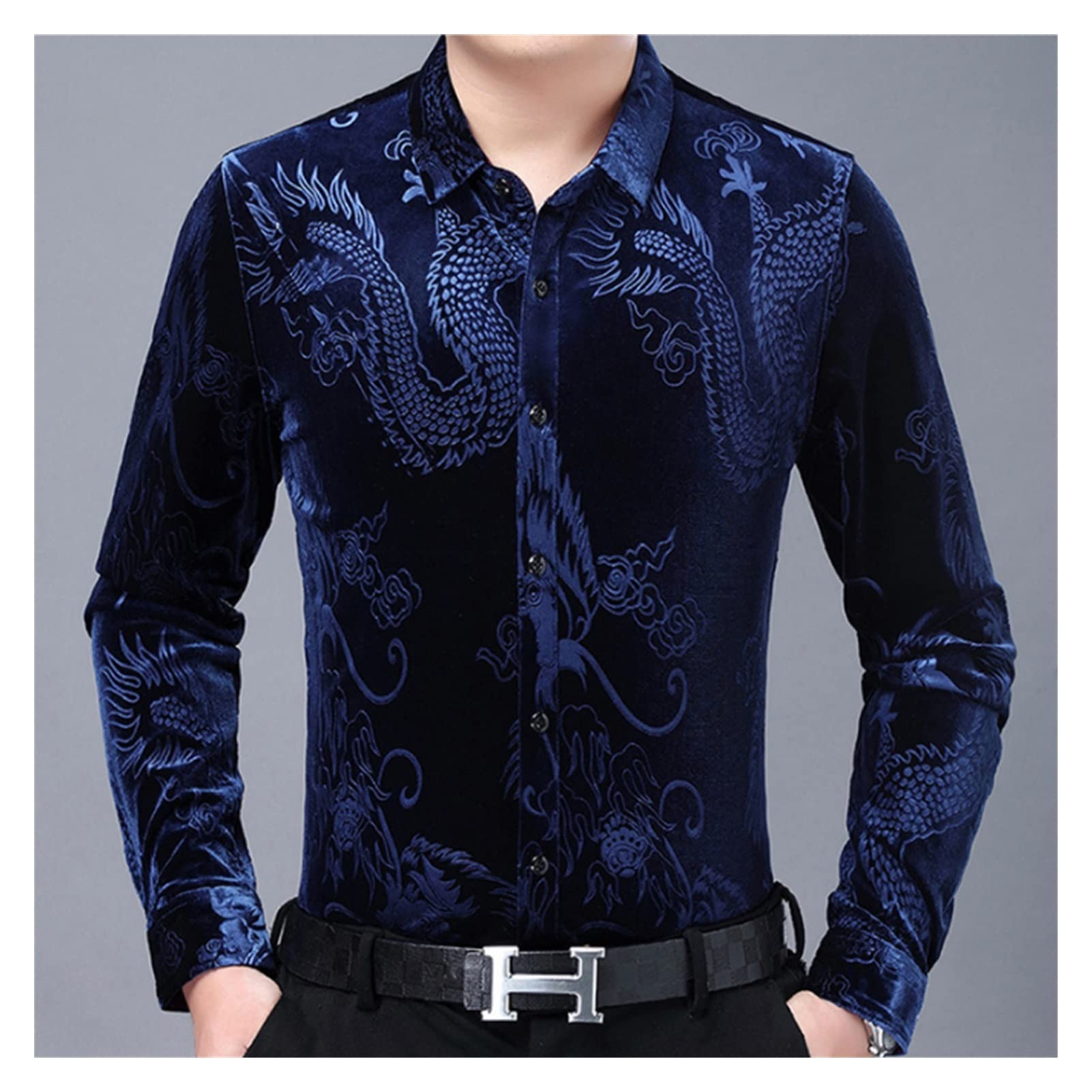 Premium Men's Velvet Shirt - Winter Velour Blouse with Father Collar for Men | Soft & Warm XL Blue Dress Shirt | Perfect for Holiday Parties, Date Nights & Formal Occasions