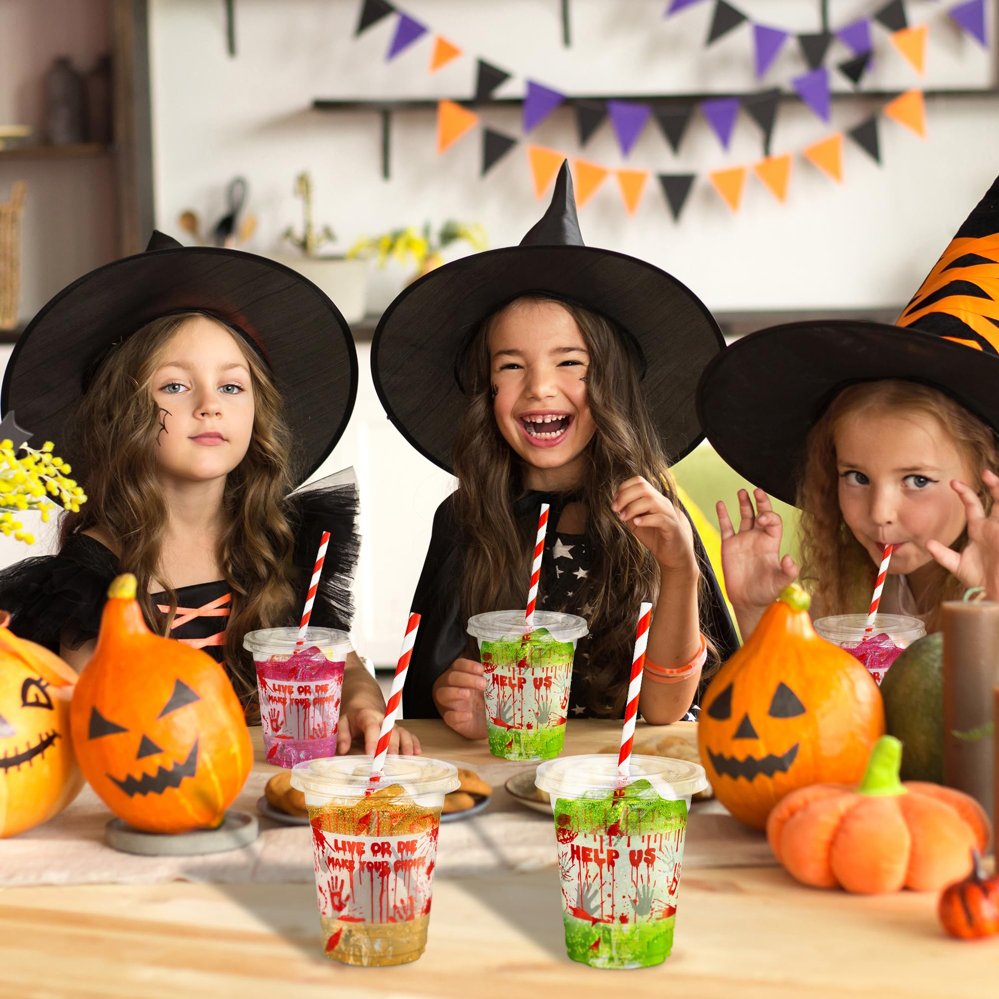 50Pcs Halloween Blood Splatter Plastic Cups - 12 Oz Clear Disposable Cups with Straws & Lids, Scary Zombie Party Supplies for Halloween, Birthday & Horror Themed Events - Perfect for Beverage Serving & Spooky Decorations