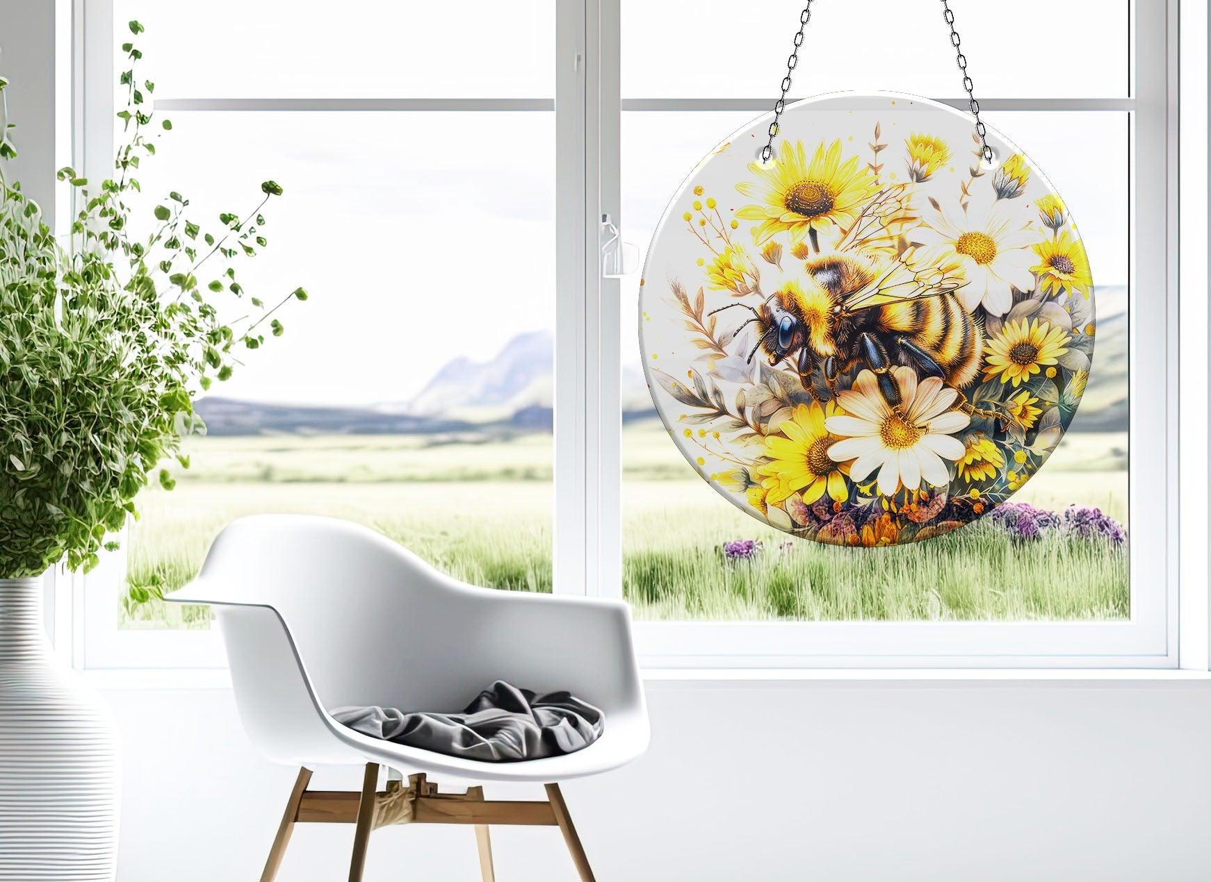 Bee & Daisies Stained Glass Suncatcher - Handmade Window Decor for Home, Office, Garden - Perfect for Gifts, Wedding Decorations & Boho Style Rooms
