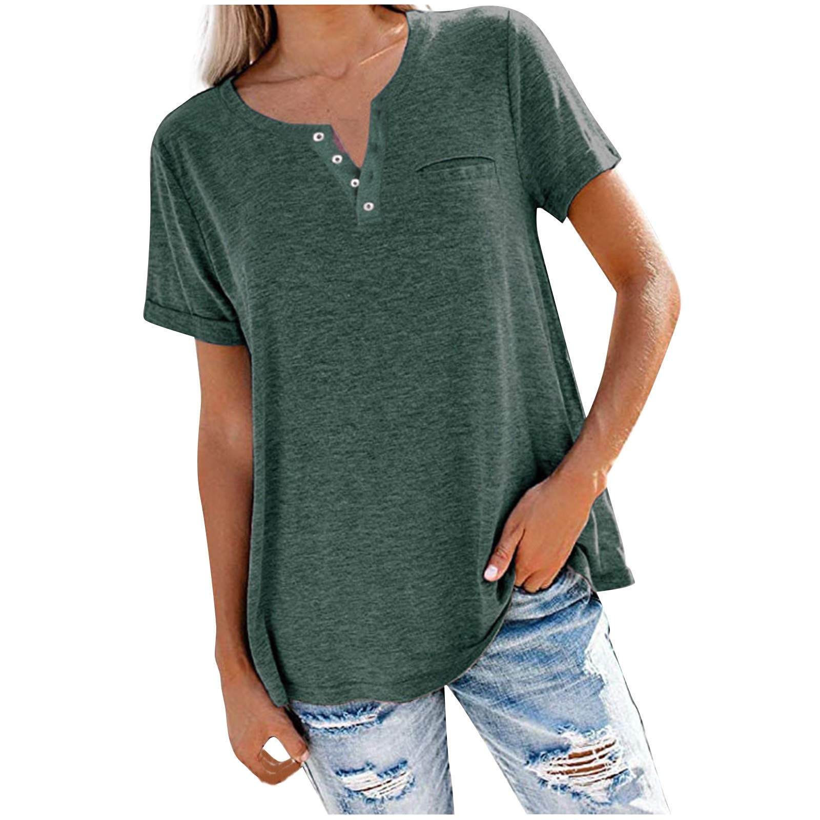 Women's Loose Short Sleeve V-Neck T-Shirts with Pockets - Solid Color Summer Tops & Blouses - Perfect for Casual Wear, Travel, and Everyday Comfort