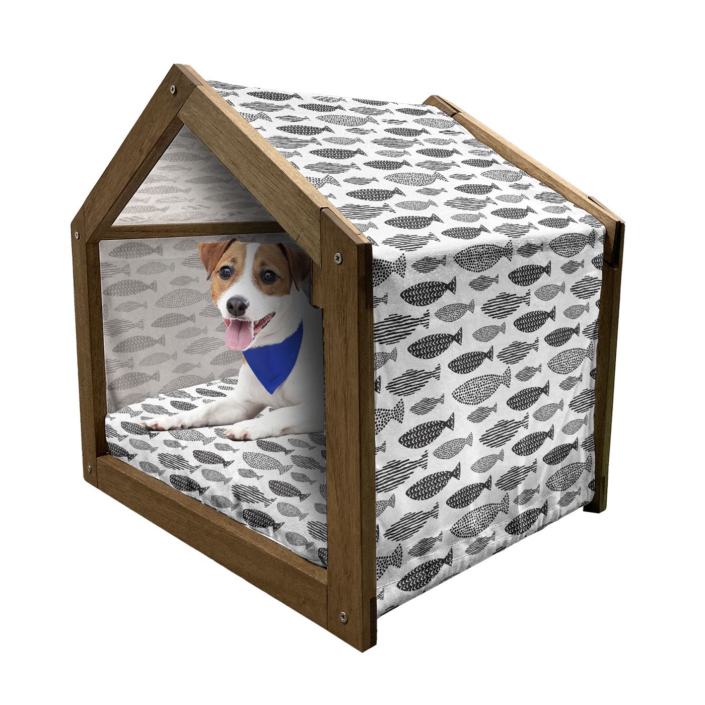 Ambesonne Wooden Pet House for Dogs - Minimalist Fish Design with Dots and Stripes, Indoor & Outdoor Portable Dog Kennel with Pillow Cover, Large Size Black & White - Perfect for Home, Garden, and Travel Use
