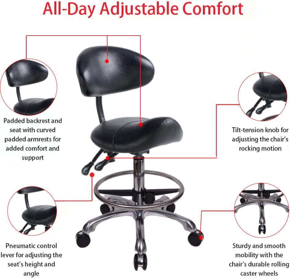 Ergonomic Rolling Saddle Stool with Backrest & Foot Ring - Adjustable Salon Stool for Tattoo Artists, Estheticians, Dentists & Spa Professionals (Black) | Perfect for Facial Treatments, Lash Extensions & Medical Clinics