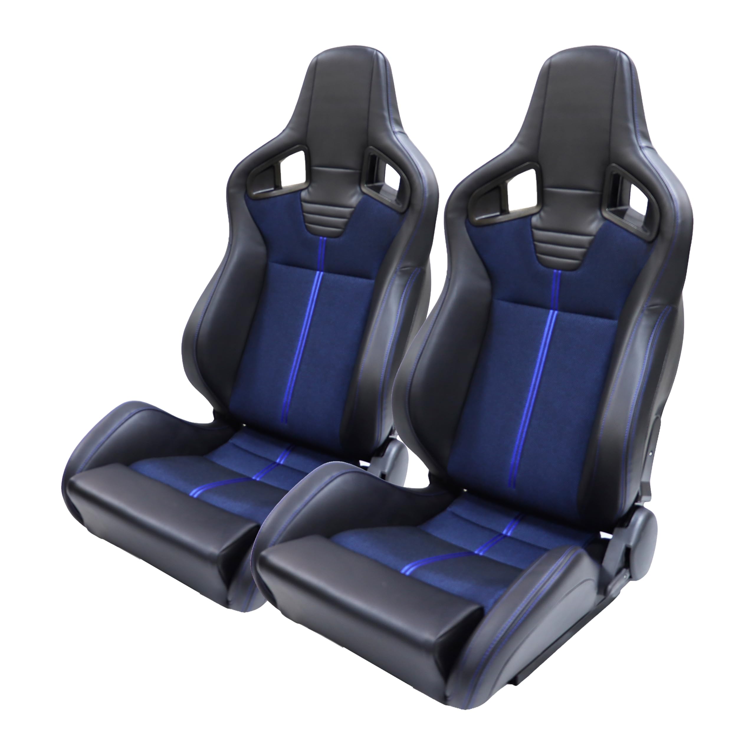Universal V2 Series Racing Bucket Seats - Black PVC Leather & Blue Mesh Fabric, Reclinable with Double Slider (Seat Brackets Not Included) - Perfect for Sports Cars, Drifting & Track Racing