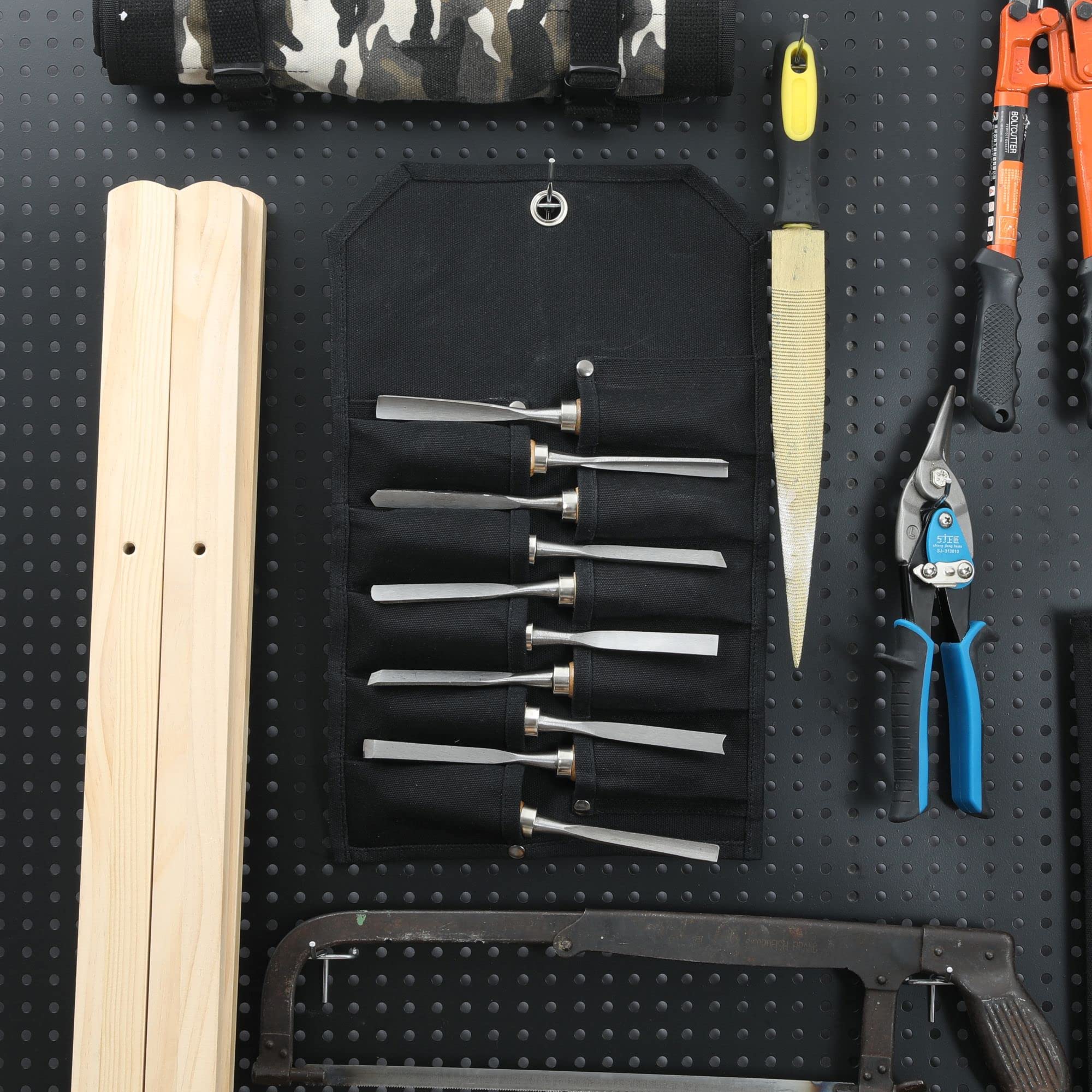 Heavy Duty 16oz Waxed Canvas Chisel Roll with 10 Staggered Pockets - Durable Tool Organizer Pouch for Woodworking & DIY Projects (Black)