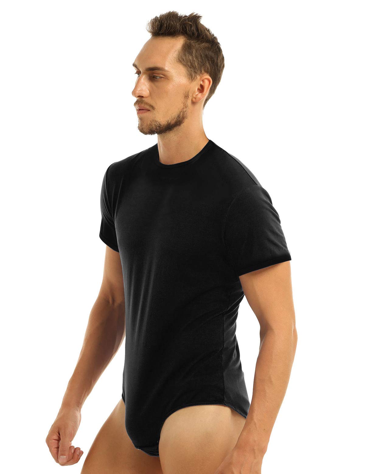 ACSUSS Men's Short Sleeve Undershirt with Snap Button Crotch - Breathable Round Neck Bodysuit for Workout, Yoga & Everyday Wear
