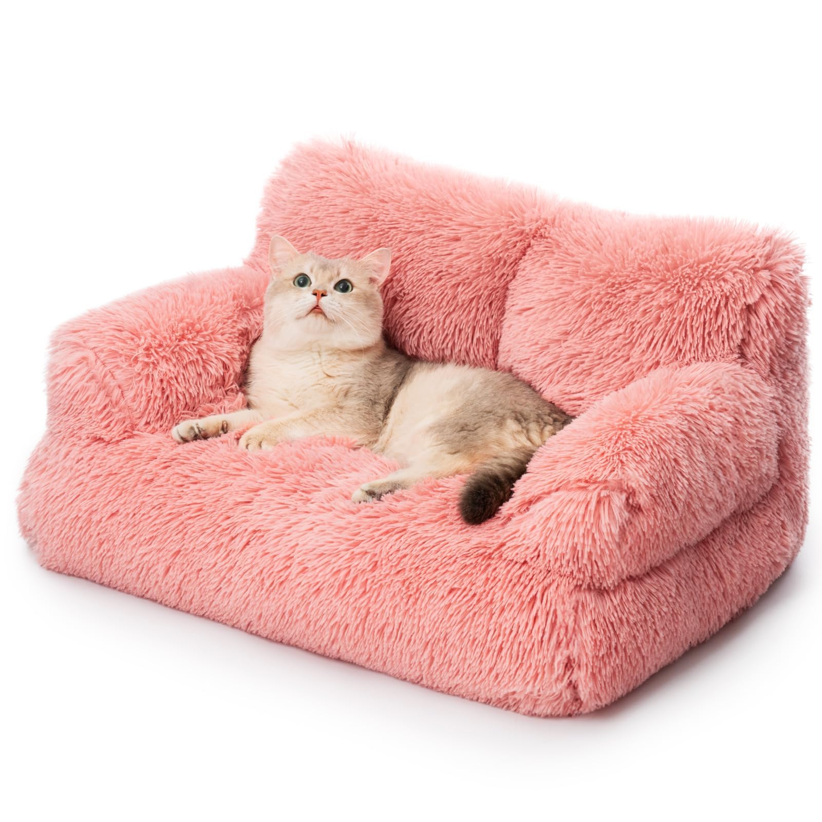 Mewoo Soft Washable Pet Bed for Cats & Small Dogs - Calming Puppy Sleeping Bed, Anti-Slip Cat Couch Sofa for Indoor Pets (Pink) - Perfect for Living Room, Bedroom & Pet Napping Areas