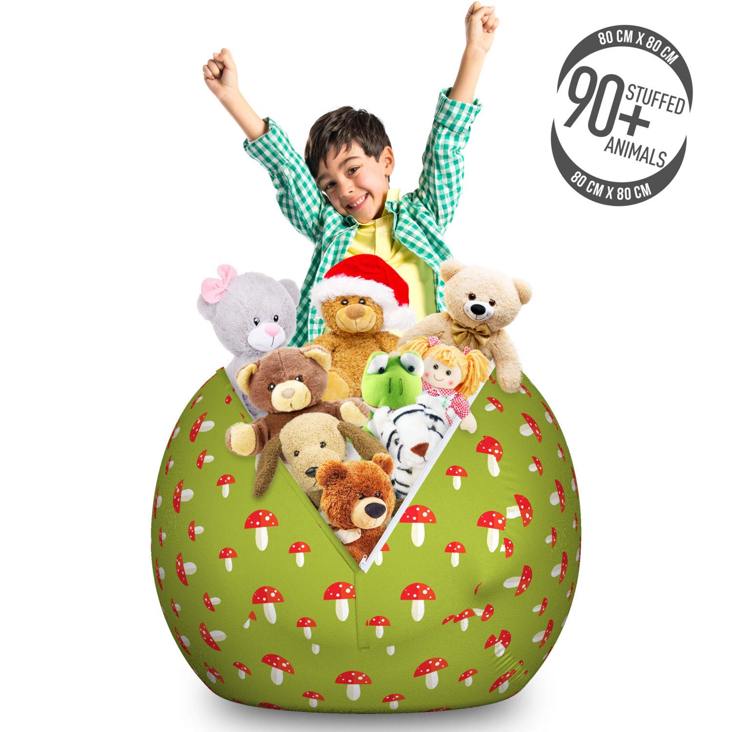 Ambesonne Mushroom Toy Storage Bag Chair - Large Washable Organizer for Stuffed Animals, Kids' Room Decor with Childish Forest Botany & Toadstool Pattern in Apple Green Vermilion | Perfect for Nursery, Playroom & Bedroom Organization
