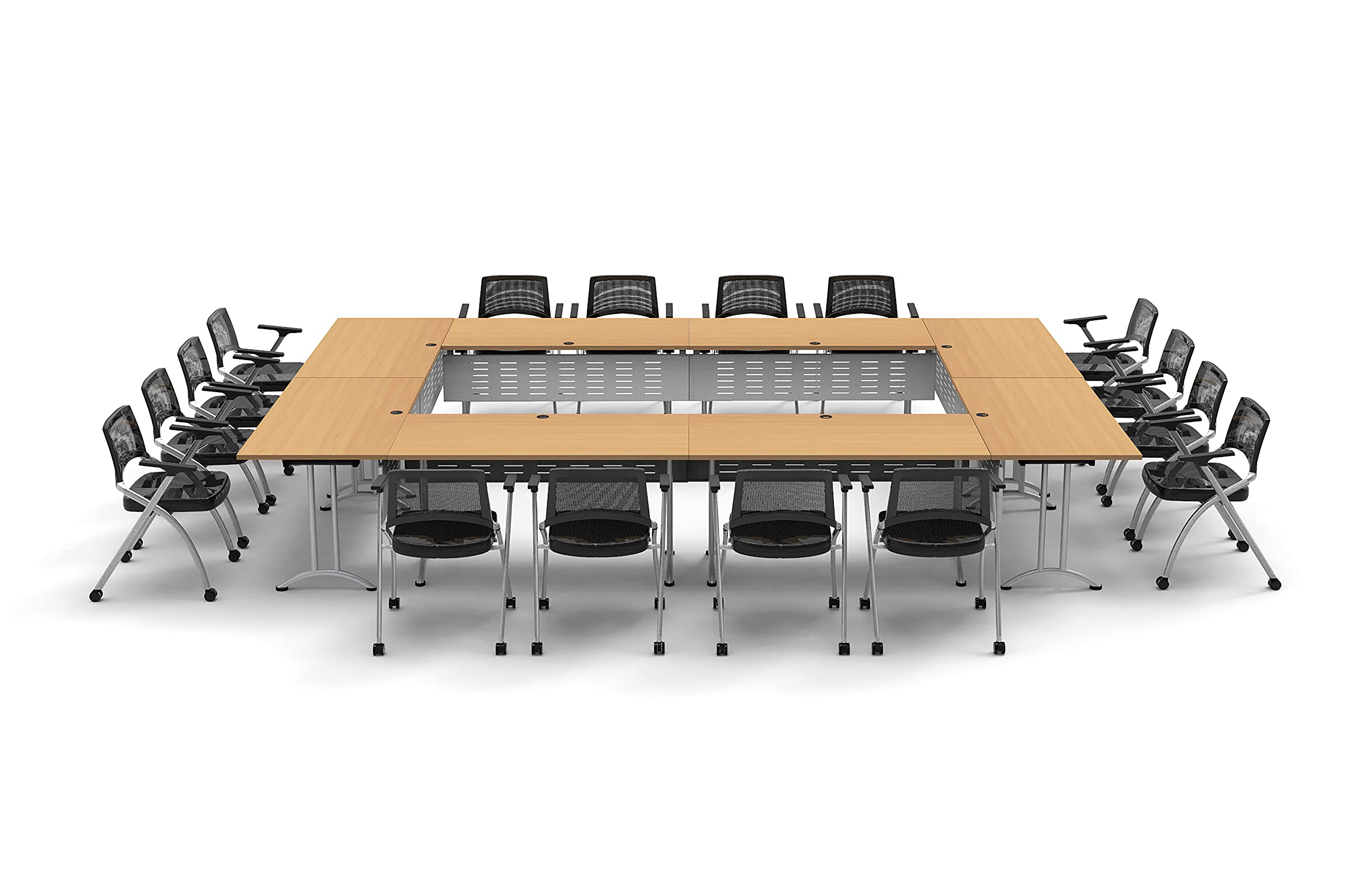16-Person Folding Conference Table Set with 32pc Beech Chairs & Modesty Panels - Connectable Training Tables for Classrooms, Seminars & Meetings - Space-Saving Nesting Design for Compact Storage - Ideal for Office Training, School Classrooms & Conference Room Setup