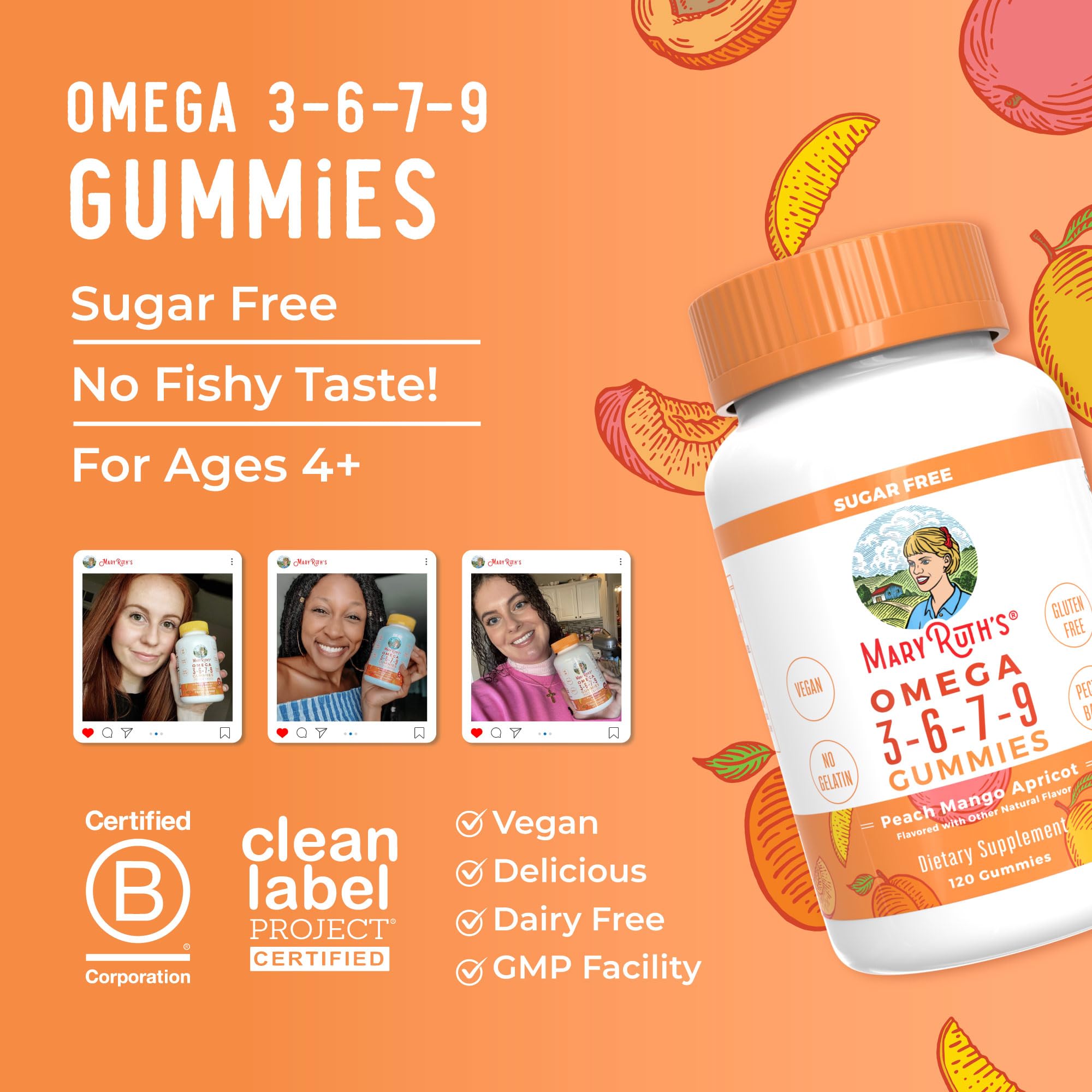 MaryRuth Organics Vegan Omega 3 6 7 9 Gummies - 120 Count | 4 Month Supply | Flaxseed Oil Supplement | Non-GMO, No Fish Taste | Supports Heart, Brain & Joint Health | Perfect for Adults & Kids Daily Wellness Routine