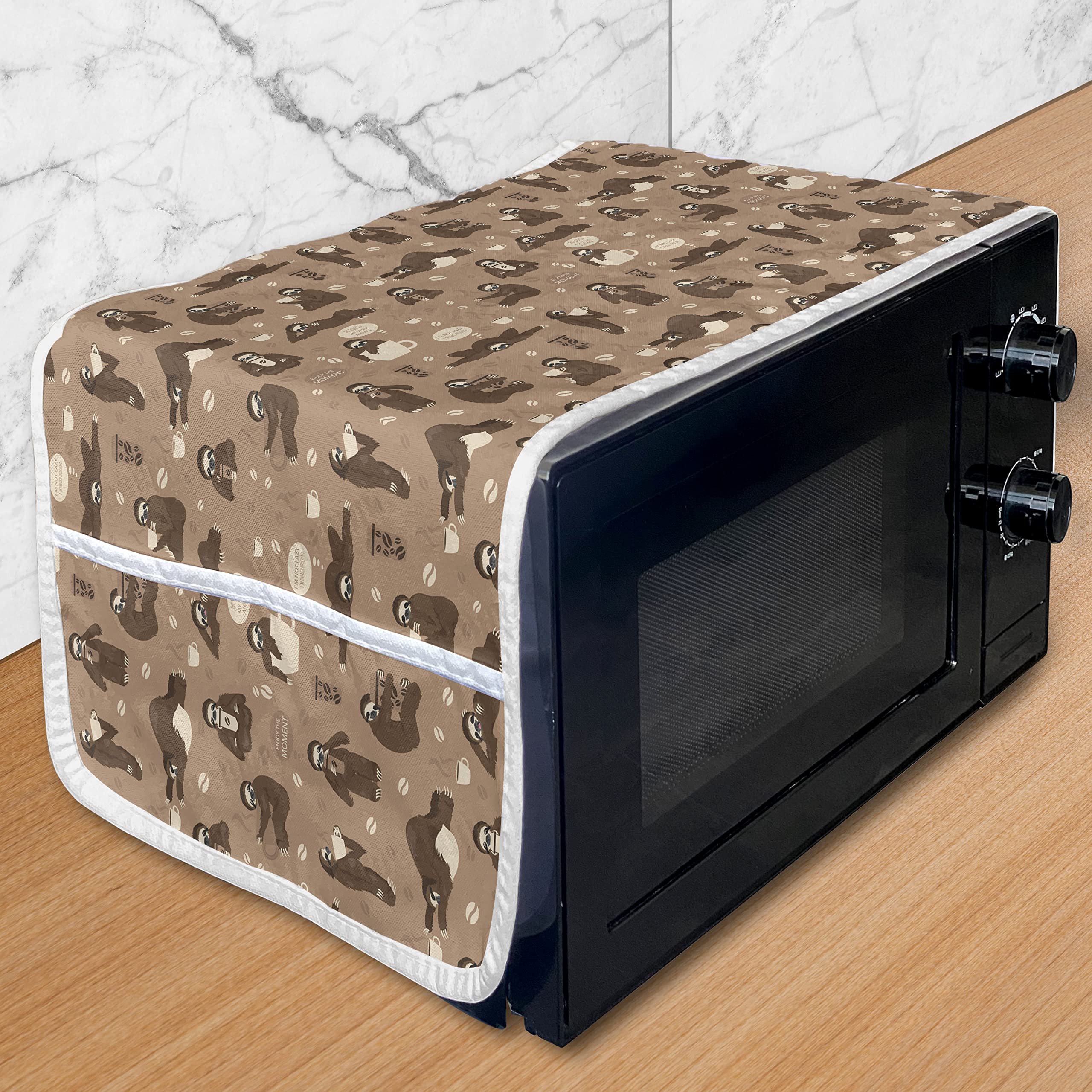 Ambesonne Funny Sloth Microwave Cover - Whimsical Lazy Animal with Coffee Design, Waterproof Kitchen Organizer with Pockets, 36 x 12 Inches, Umber Beige - Perfect for Coffee Lovers & Cozy Kitchen Decor
