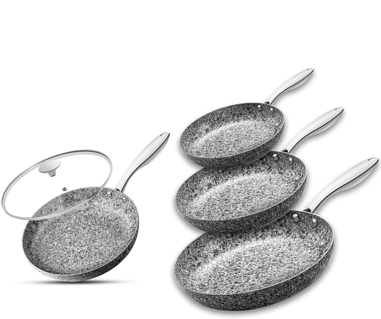 MICHELANGELO 8-11 Inch Nonstick Stone Frying Pan Set with Lid – Granite Coated Skillet for Sauteing, Frying & Cooking – Perfect for Gas, Electric & Induction Stovetops