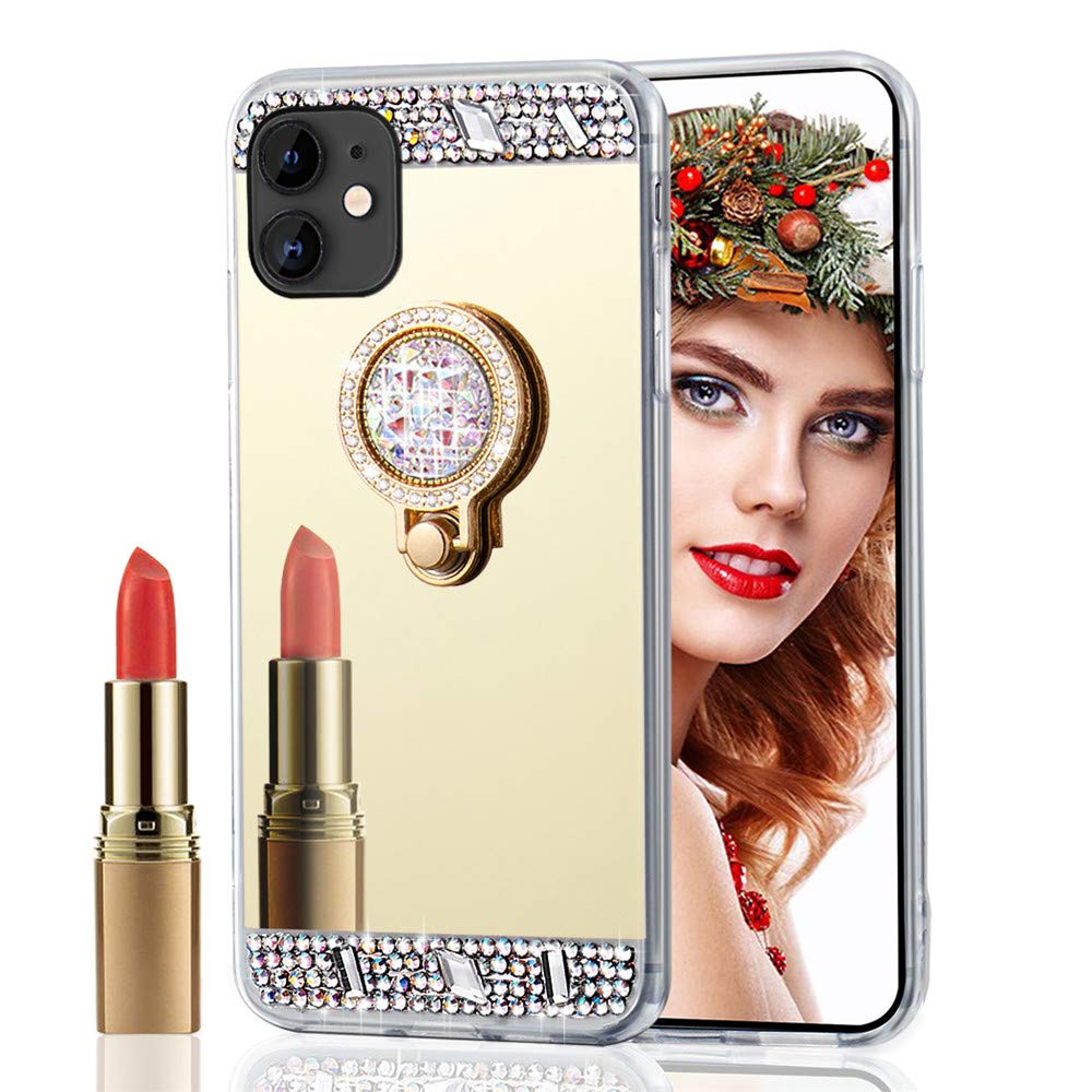 EMAXELER iPhone 11 Pro Max Case with Makeup Mirror & Ring Holder - Sparkly Glitter Diamond Mirror Cover, Shockproof Soft TPU Silicone Protective Case for iPhone 11 Pro Max 6.5 inch (Gold) - Perfect for Makeup Touch-Ups, Selfies & Everyday Protection