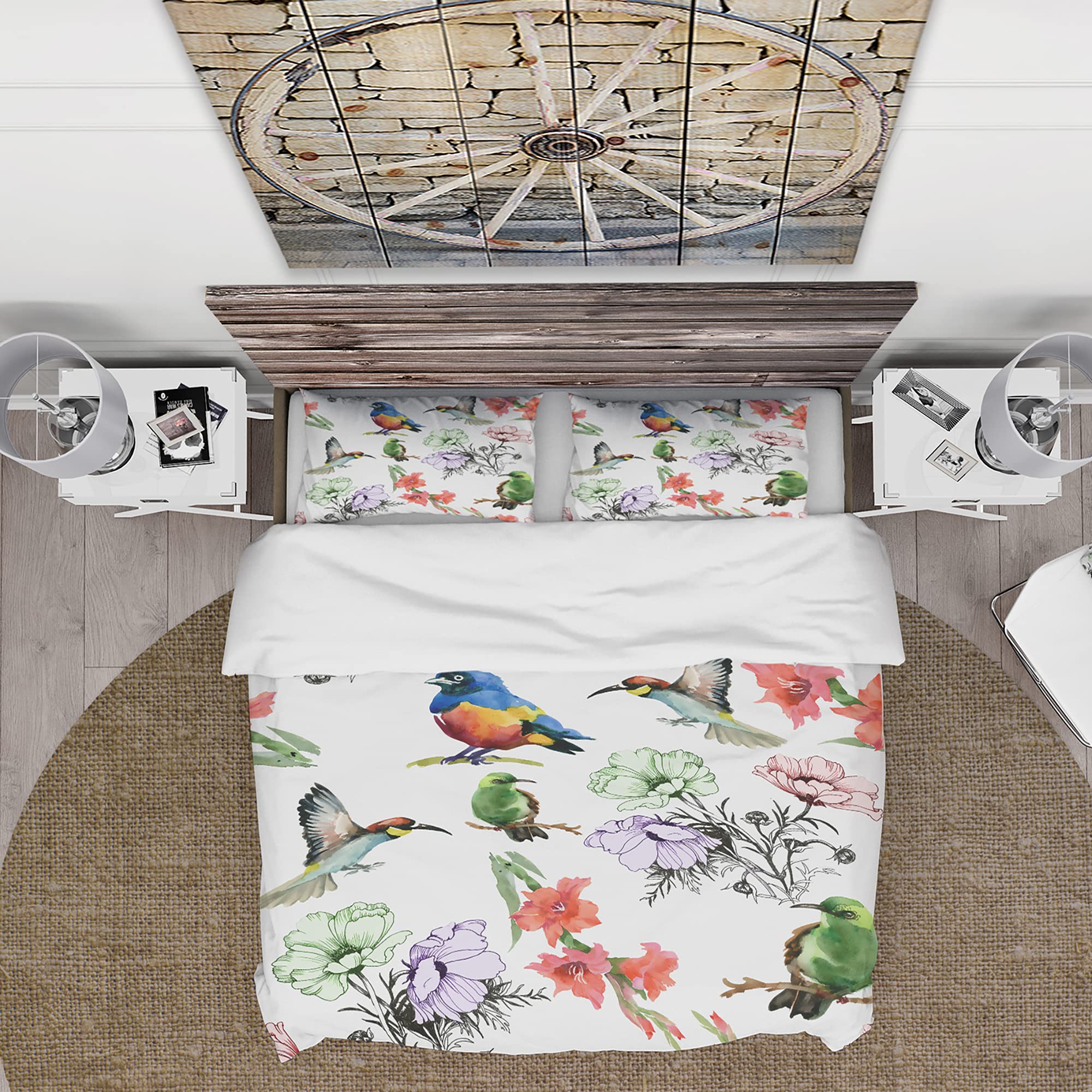 Hummingbirds and Blossoming Flowers Traditional Duvet Cover Set - King Size Green Floral Bedding (3-Piece) | All-Season Luxury Bedroom Decor for Master Bedroom or Guest Room