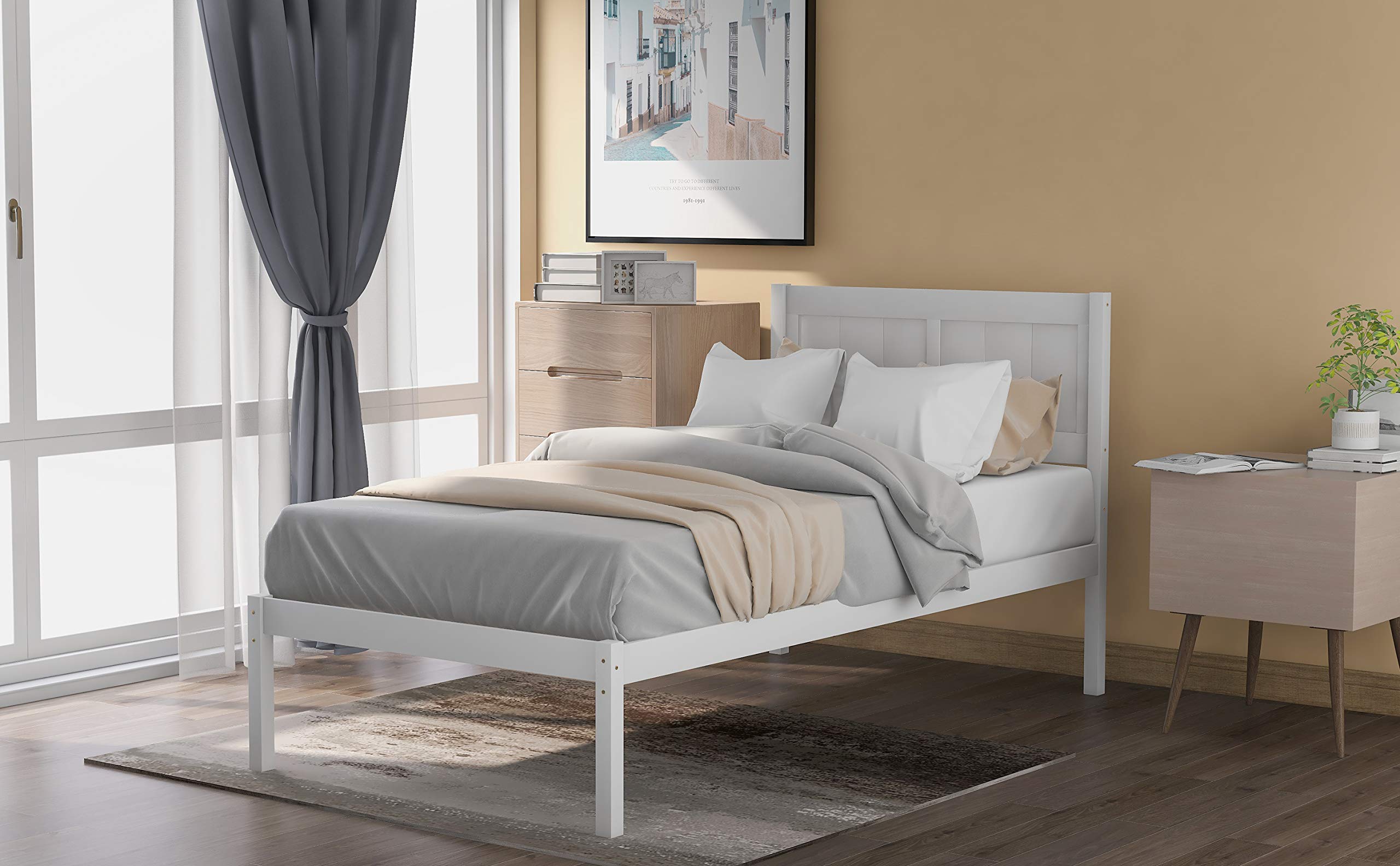 Knocbel Twin Bed Frame with Headboard - Sturdy Wooden Platform Bed with 10-Slat Support for Mattress Foundation (White) | Perfect for Kids Rooms, Guest Bedrooms & Small Spaces