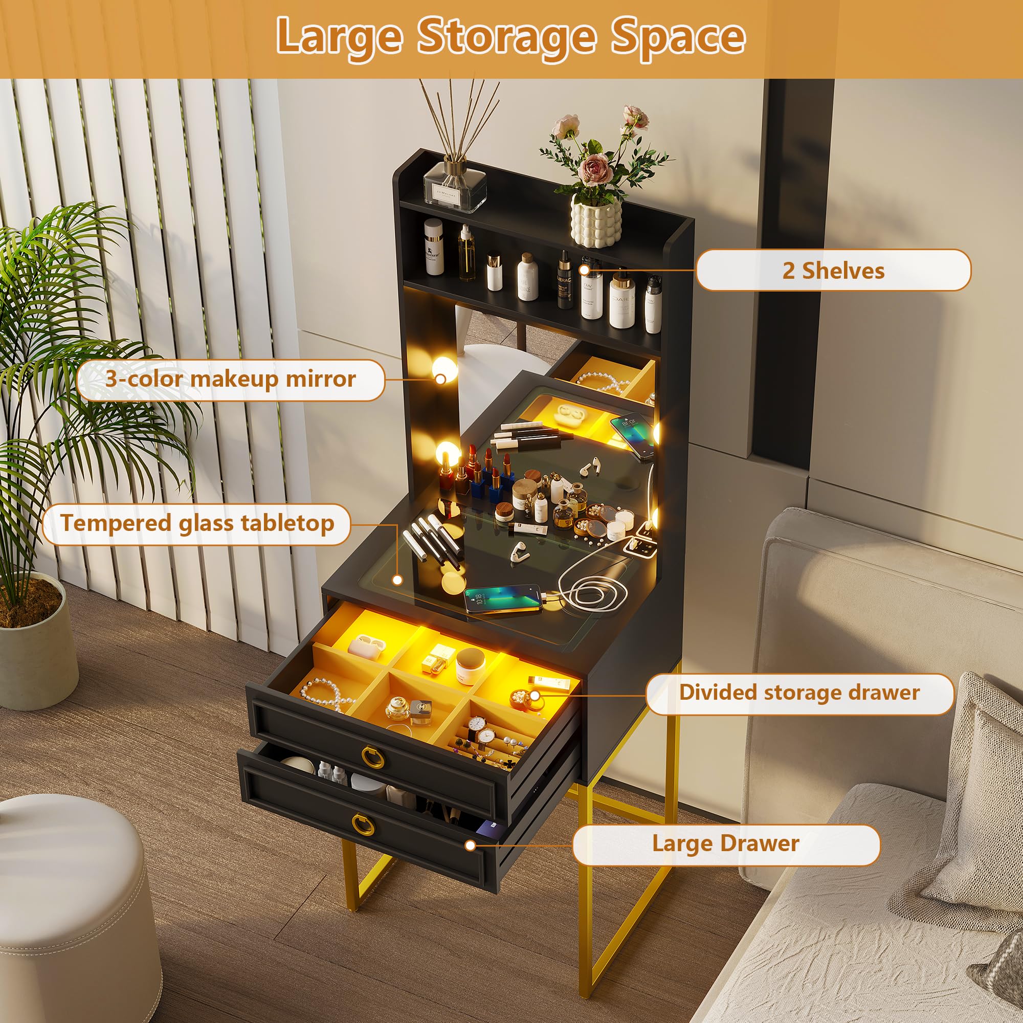 LVSOMT Small Makeup Vanity with Glass Top - Black Vanity Desk with LED Lighted Mirror & Motion Sensor - Mini Dressing Table for Bedroom, Apartment, Bathroom - Perfect for Makeup Application & Beauty Routine