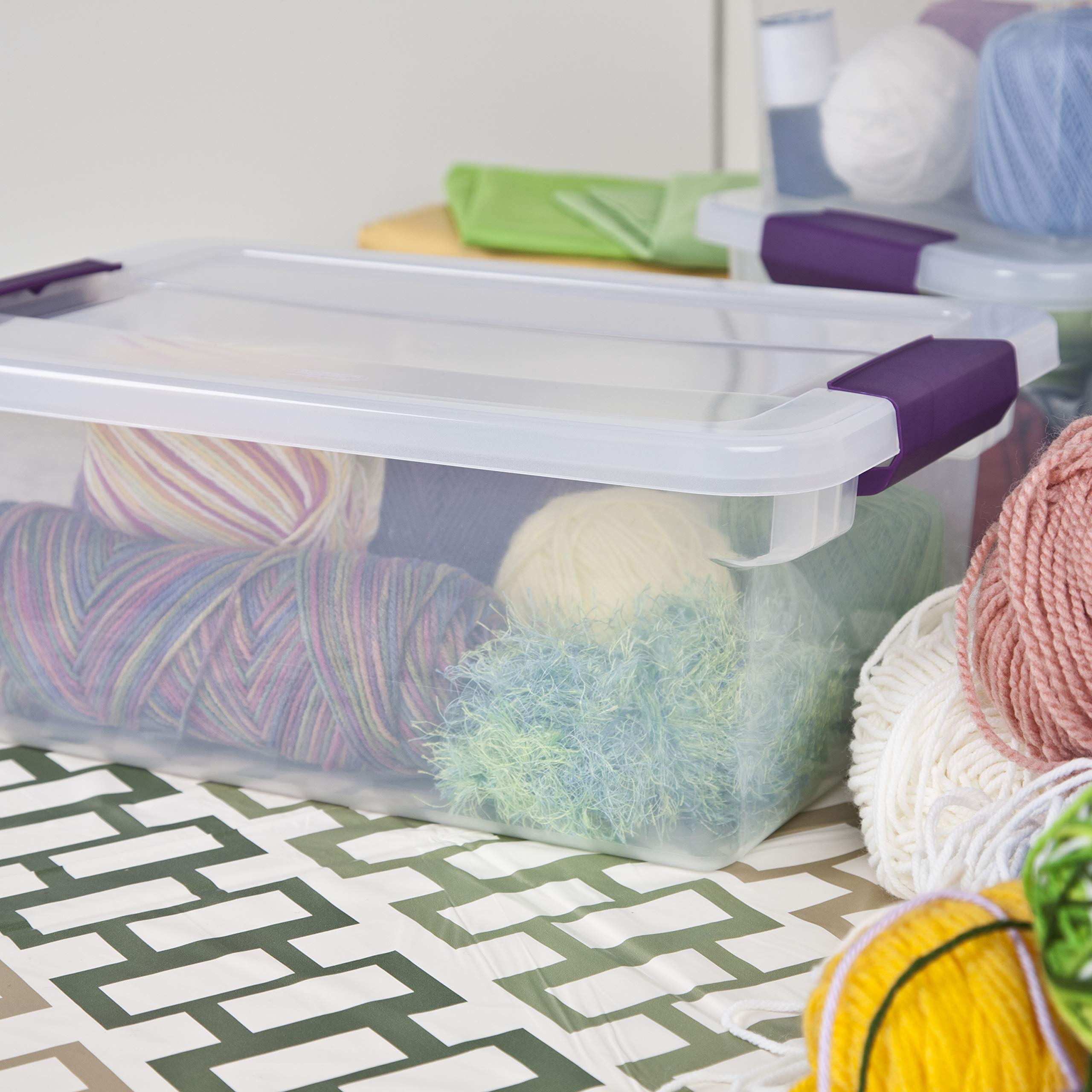 Sterilite 15 Quart ClearView Latch Storage Box with Sweet Plum Latches (12-Pack) & Large Clip Organizer Box with Blue Aquarium Latches (6-Pack) - Plastic Storage Containers for Home Organization, Closet, Office or Kids Toys