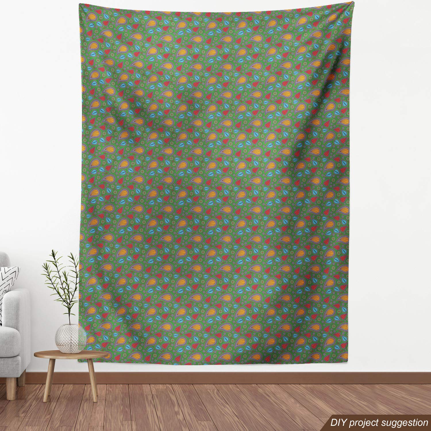 Ambesonne Ethnic Fabric by The Yard - Swirls Floral Paisley Design Fern Green Upholstery Fabric for Sofa, Curtains & Home Decor | 1 Yard Orange Blue Red | Perfect for DIY Projects, Pillow Covers & Wall Hangings