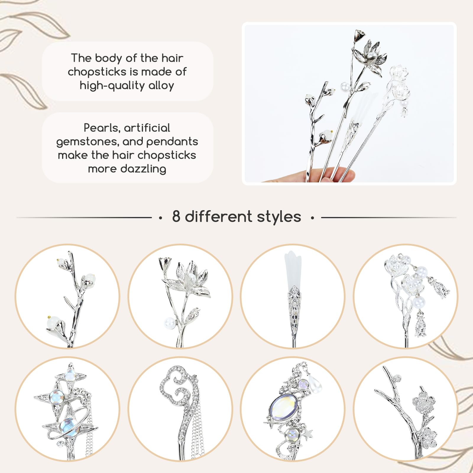 8Pcs Retro Crystal Pearl Silver Hair Sticks with Pendants - Chinese Hanfu Hair Forks, Cloud Star Lotus Hairpins for Women, Bun Updo Holders - Perfect for Weddings, Cosplay & Traditional Asian Hairstyles