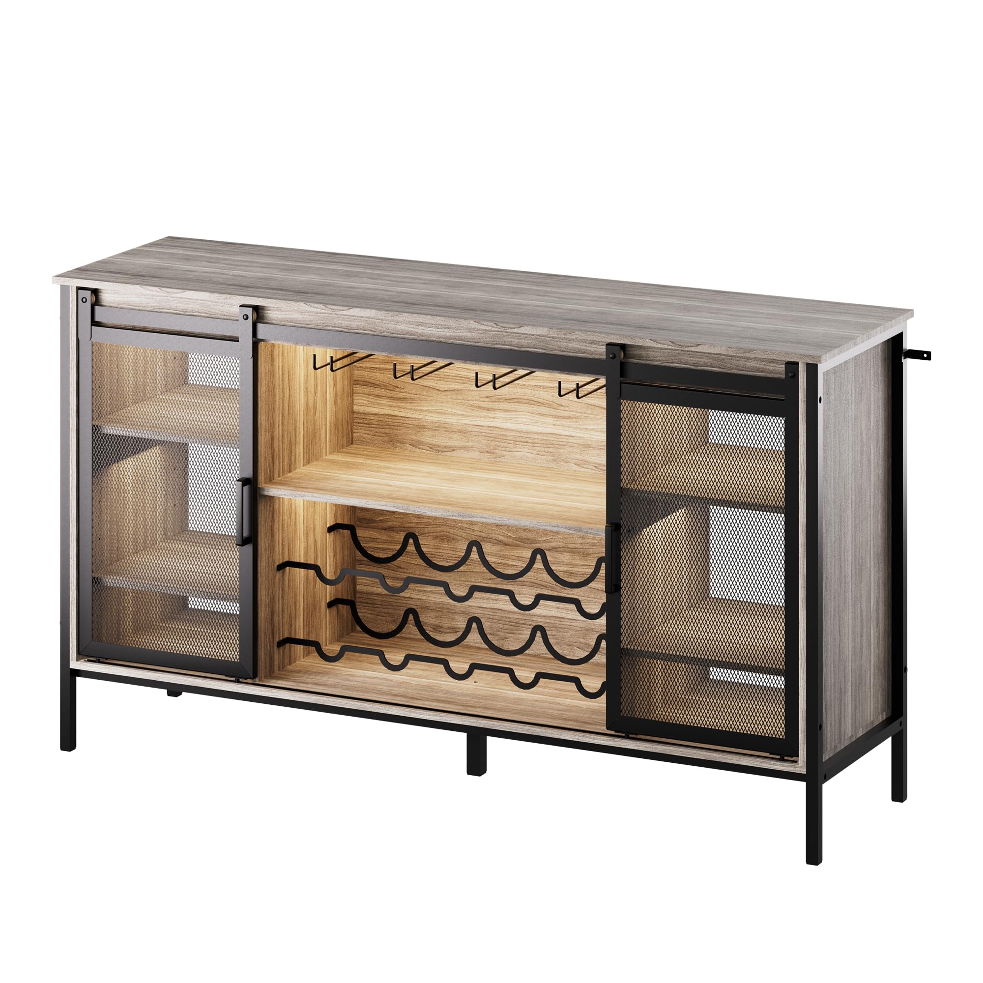 QNICE LED Industrial Wine Bar Cabinet with Sliding Barn Door - Farmhouse Sideboard Buffet Storage for Liquor, Glasses & Coffee Bar - Rustic Dark Finish for Kitchen, Dining Room & Home Bar Decor