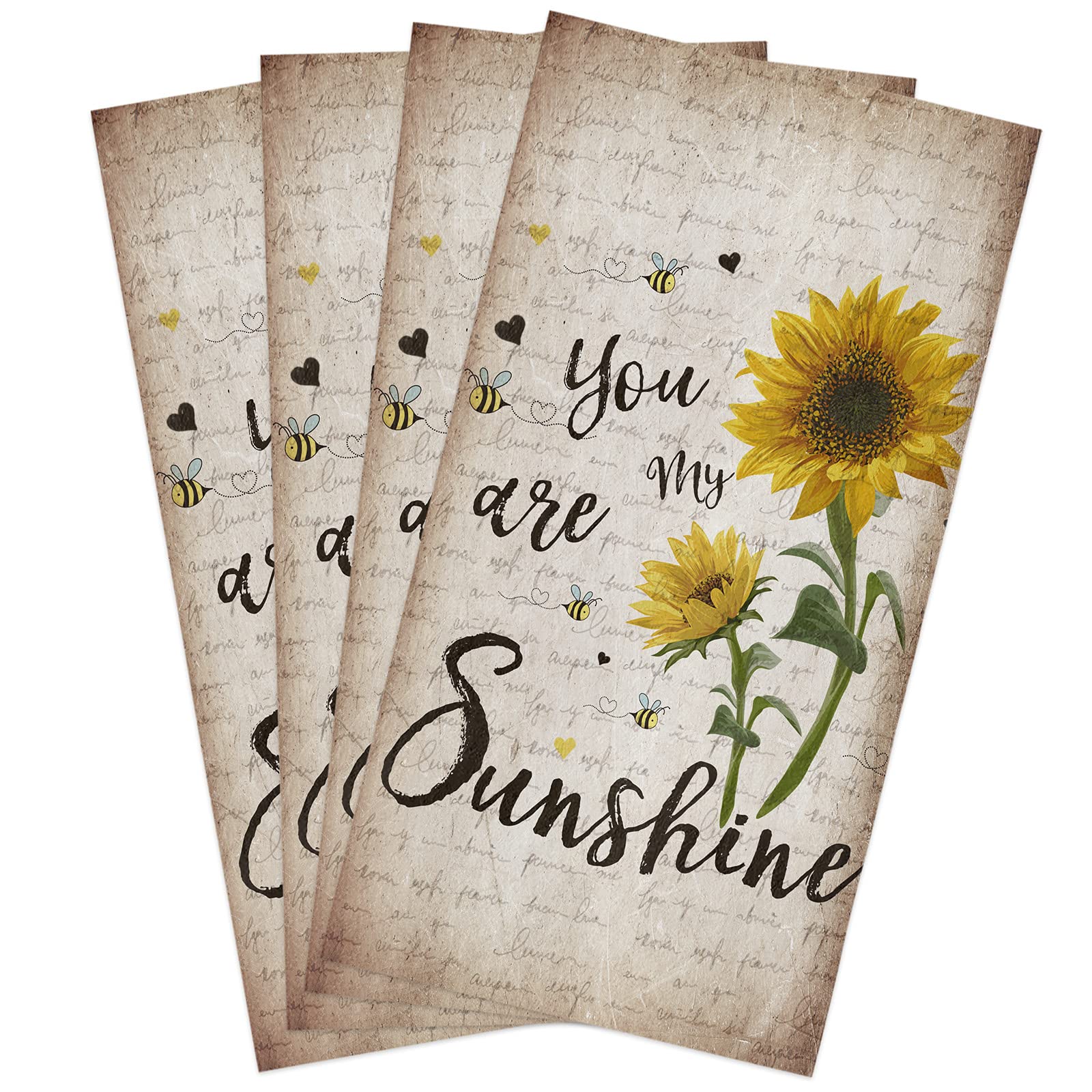 Zadaling Retro 'You Are My Sunshine' Kitchen Towels Set - 16x28 Inches Soft Cotton Dish Cloths, Tea Towels & Hand Towels (4 Pack) - Perfect for Kitchen, Bar, Dining & Home Decor
