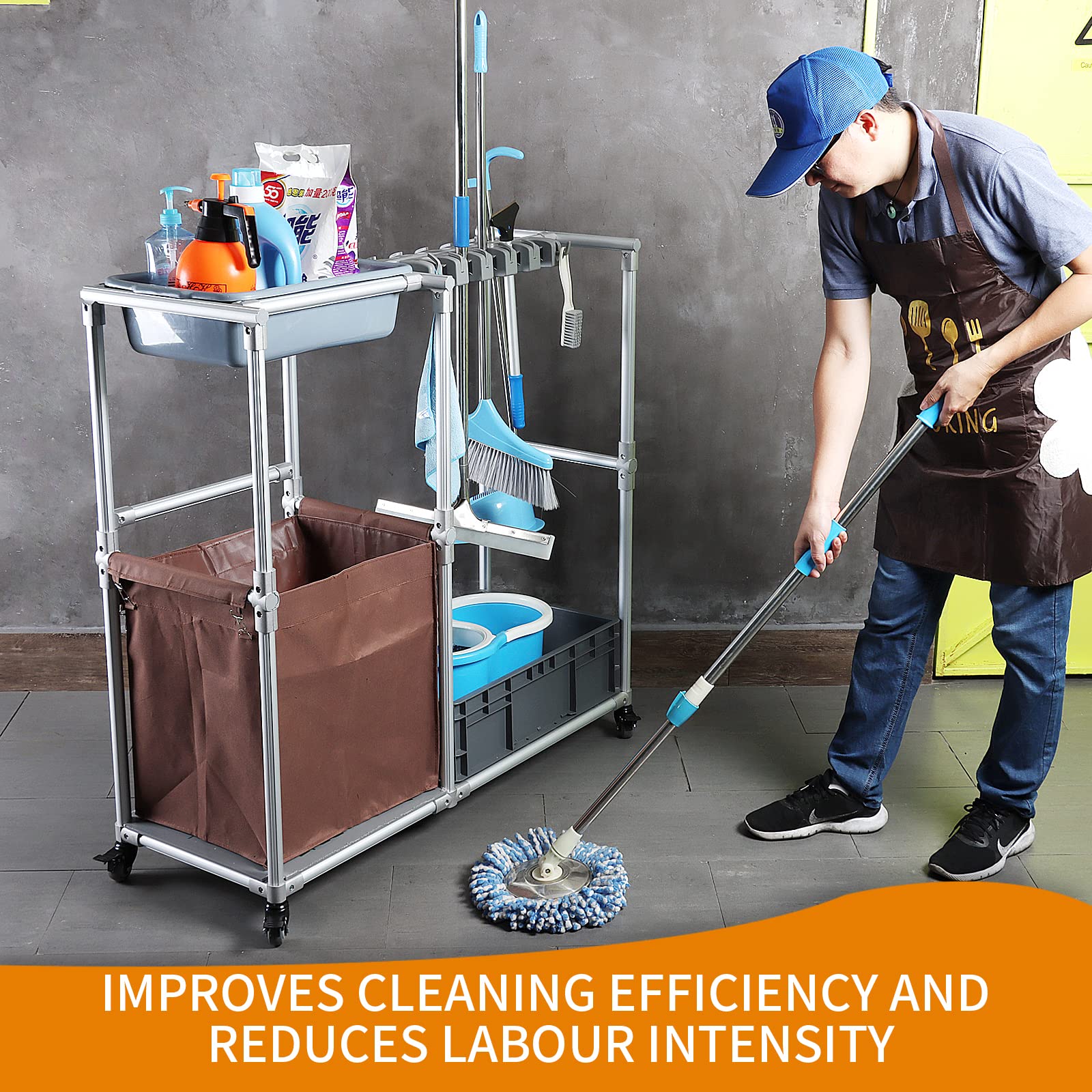 Rolling Cleaning Cart with Wheels - Janitorial & Housekeeping Supplies Organizer for Brooms & Mops