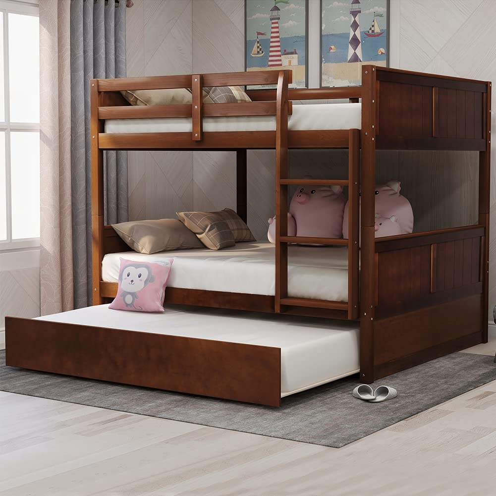 Full Over Full Bunk Bed with Twin Trundle - Solid Pine Bunk Bed Frame with Safety Guardrails - Convertible Bunk Bed for Kids & Teens - Perfect for Small Bedrooms, Guest Rooms & Dormitories