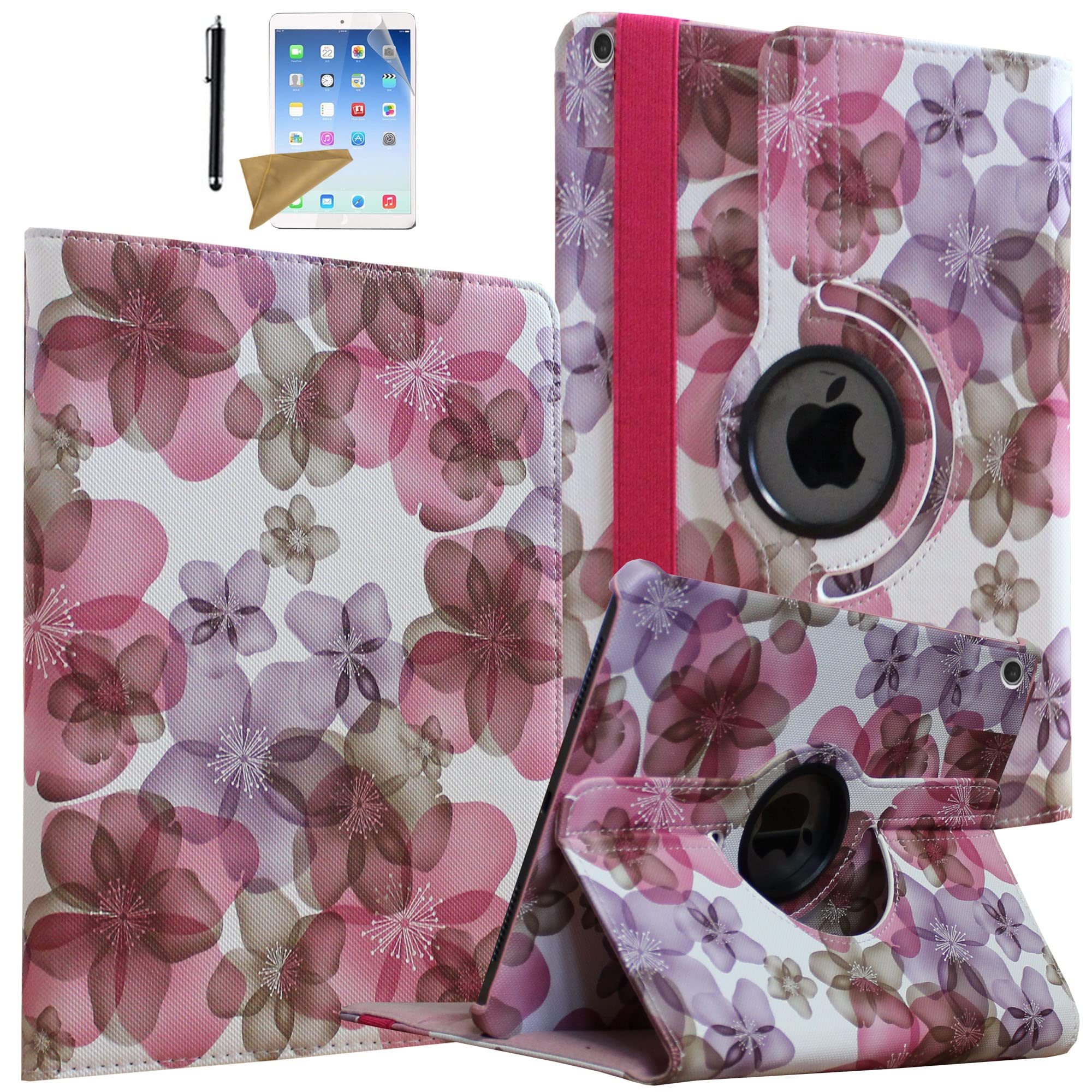 Magnetic Rotating Case for iPad 7th/8th/9th Generation (10.2 Inch 2019/2020 Model) - Smart Cover with Built-in Apple Pencil Holder, Auto Sleep/Wake Feature - Includes Free Stylus Pen & Screen Protector (Pink Blossom) - Perfect for Work, Study & Travel