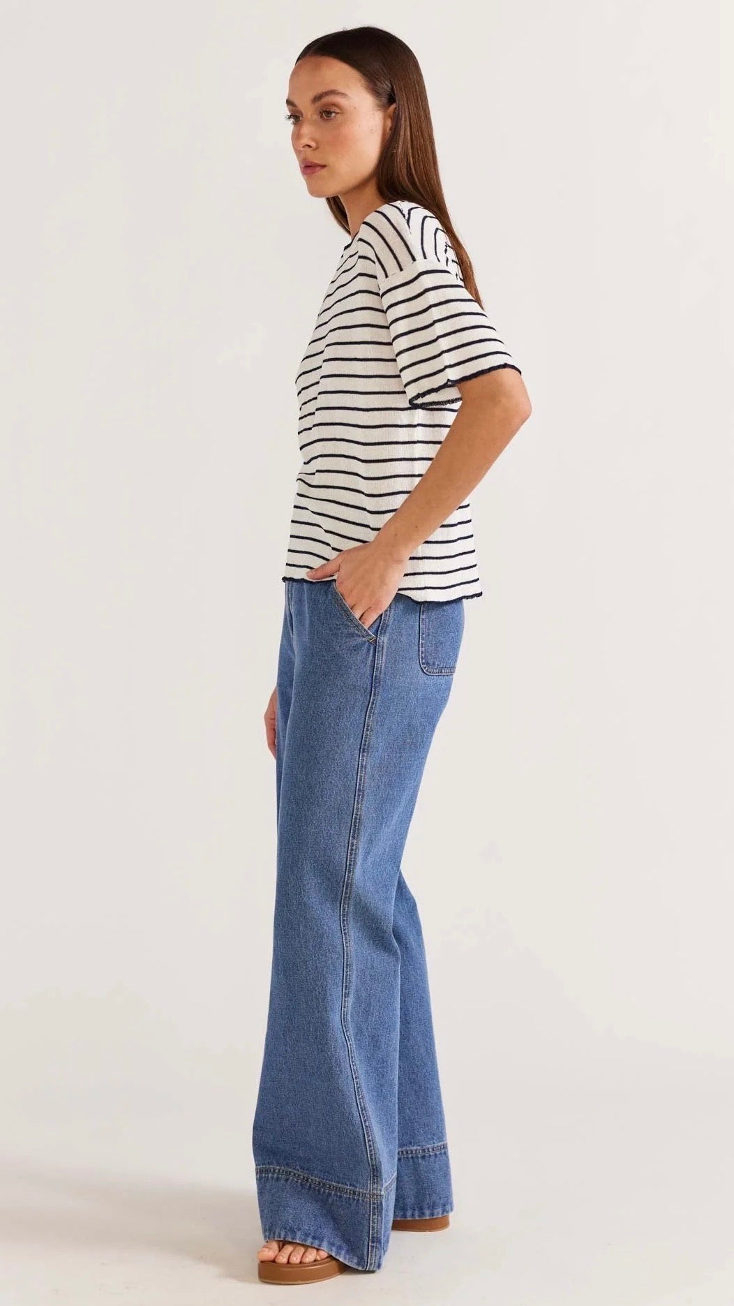 Gaia Stripe Boxy Knit Tee - Women's Casual Loose Fit Cotton T-Shirt | Perfect for Everyday Wear, Weekend Outfits & Layering