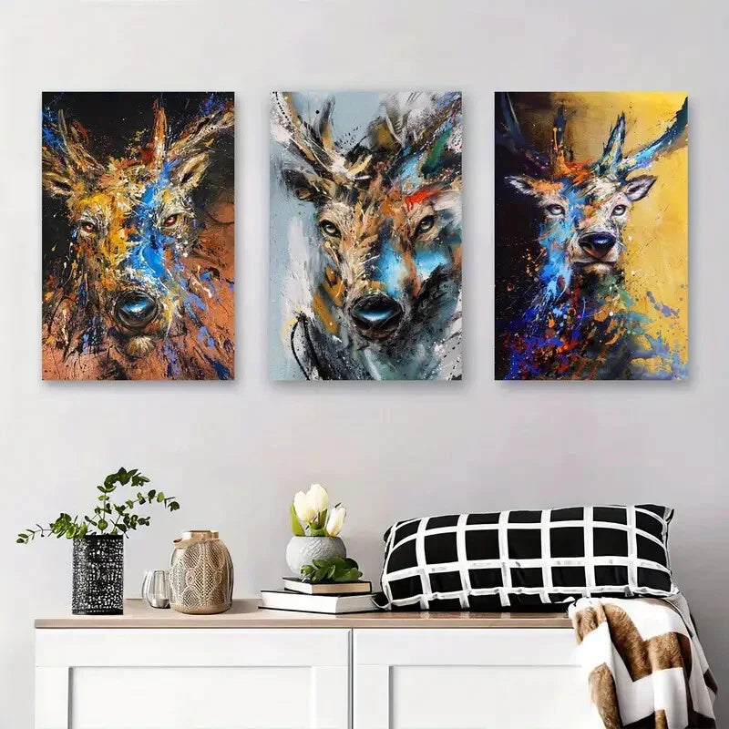 3-Piece Abstract Animal Art Prints - Vibrant Wildlife Metal Wall Decor - Ready to Hang Canvas Art for Living Room, Bedroom & Office Decor