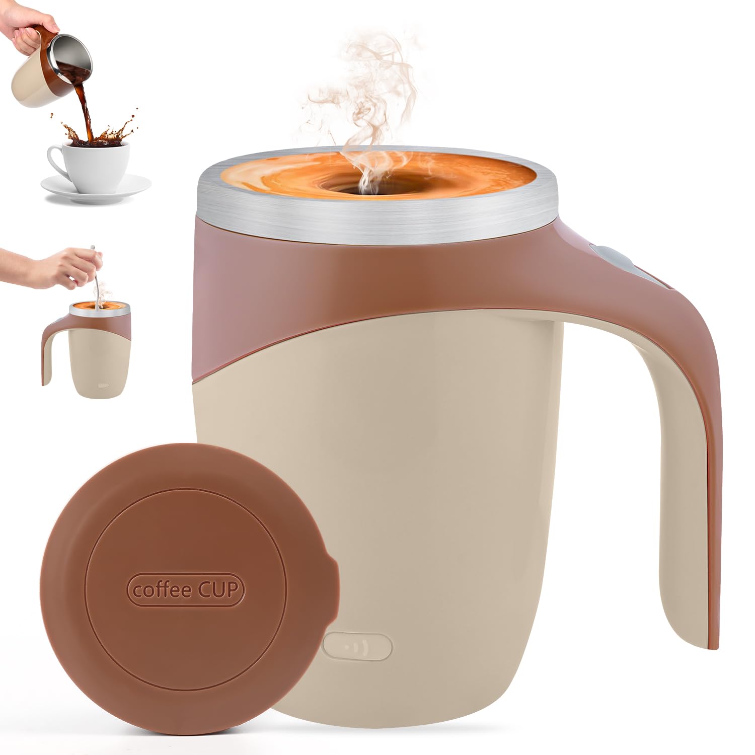 Self Stirring Coffee Mug - Automatic Magnetic Stirring Travel Mug with Rechargeable Battery, Stainless Steel Smart Coffee Cup for Coffee, Tea & Hot Chocolate - Perfect for Office, Home & Outdoor Use (Brown)