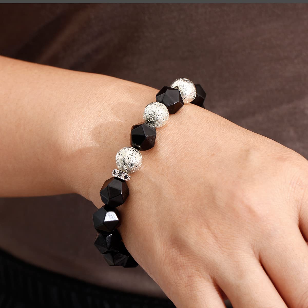 Black Obsidian & Silver Lava Stone Bracelet for Men - Essential Oil Diffuser, Yoga & Meditation Beaded Stretch Bracelet - Perfect for Stress Relief, Spiritual Healing & Everyday Wear
