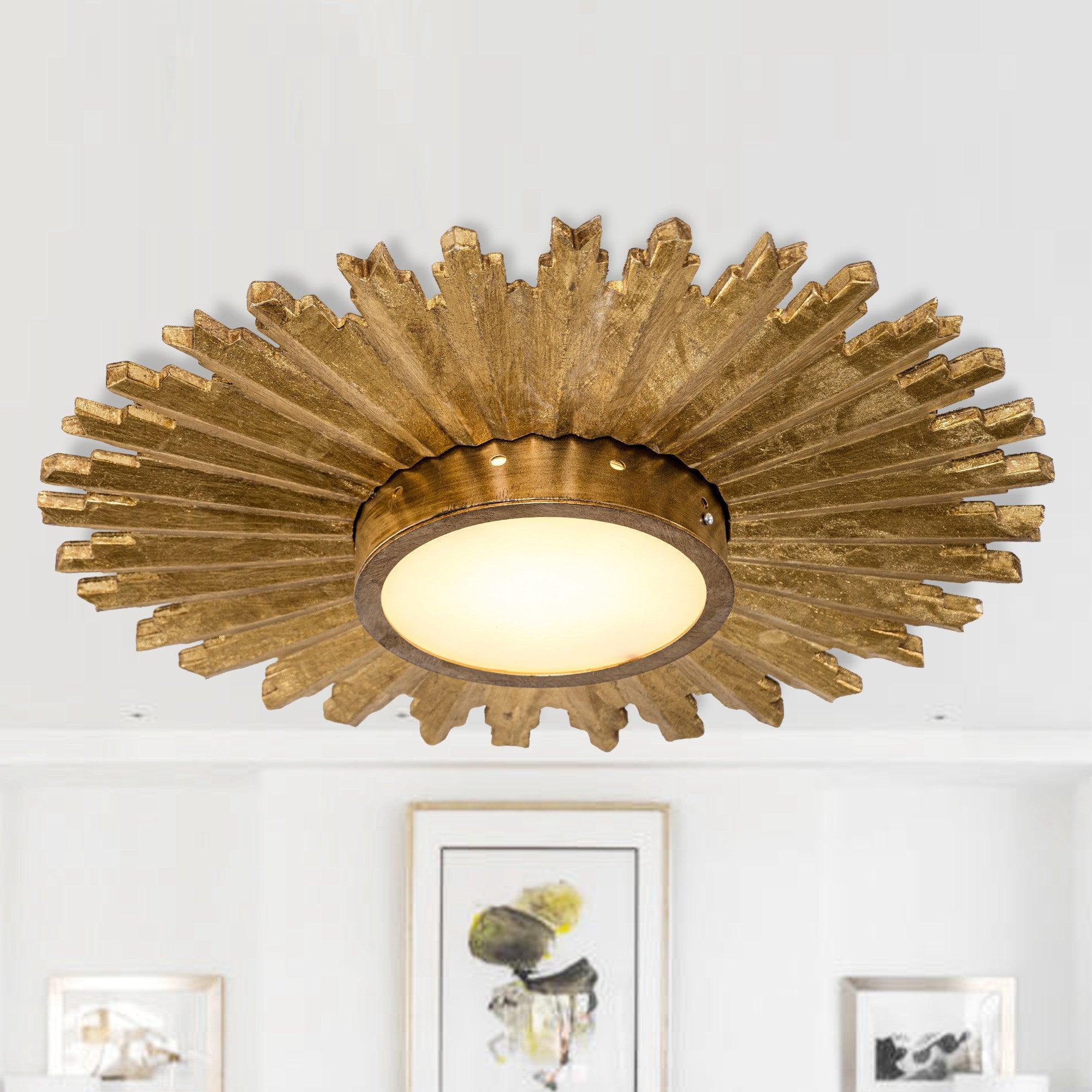 Golden Sunburst Flush Mount LED Ceiling Light - Modern Dimmable Fixture for Bedroom, Living Room & Hallway Lighting