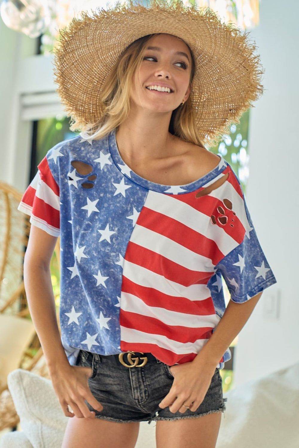 BiBi American Flag Patriotic Short Sleeve T-Shirt for Men & Women - Casual Summer Wear, 4th of July Celebration, Independence Day Outfit