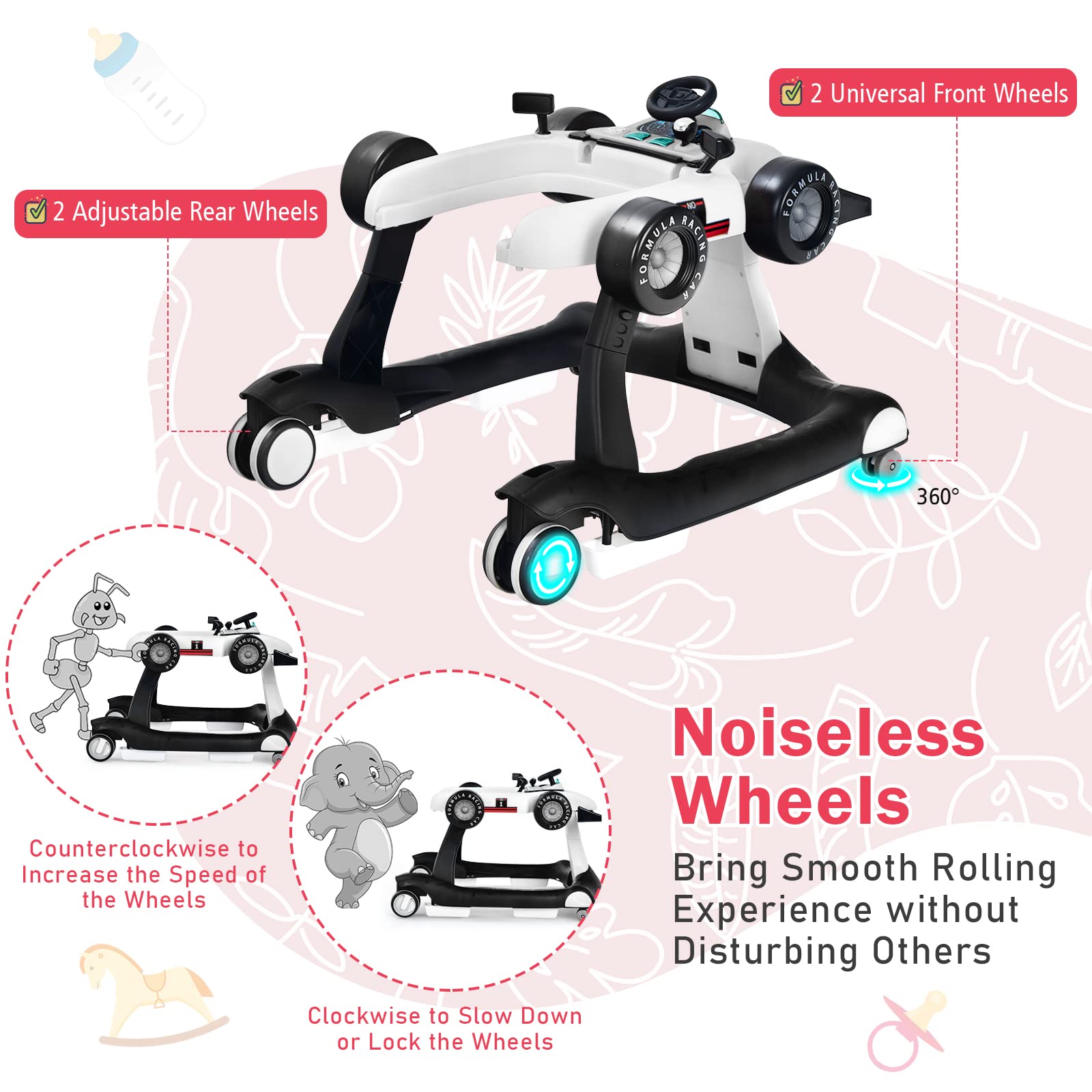 BABY JOY 4-in-1 Foldable Baby Walker with Adjustable Height & Speed - Musical Light-Up Activity Walker with Anti-Rollover Safety Wheels for Toddlers 6-18 Months (White) | Perfect for Learning to Walk, Indoor Play & First Birthday Gifts for Boys & Girls