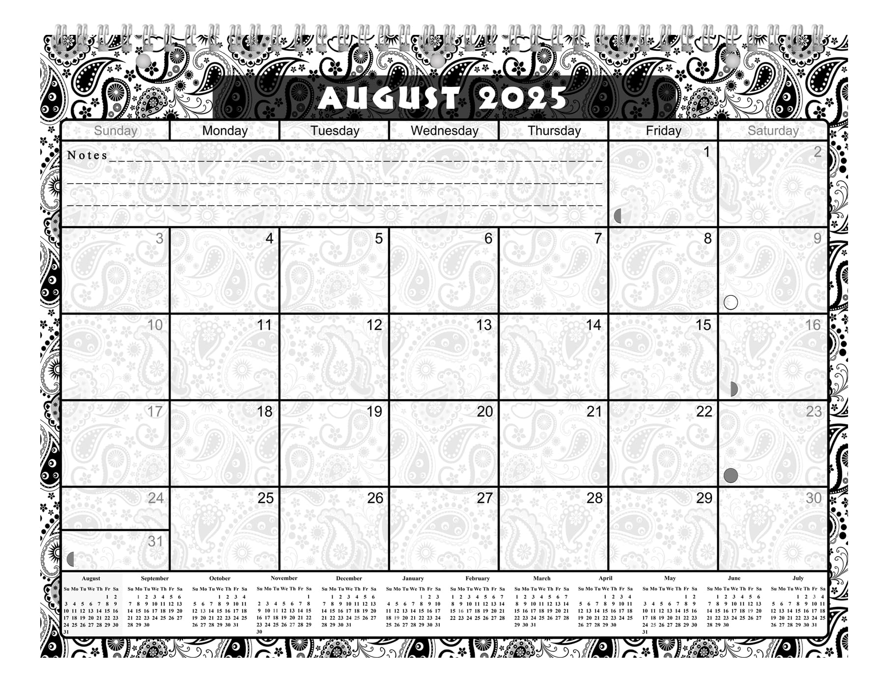 2025-2026 Academic Year 12-Month Wall & Desk Student Planner with 3-Ring Binder - School, Teacher & Student Organizer (Black & White Paisley Design) - Perfect for Classroom, Home Office & Study Planning