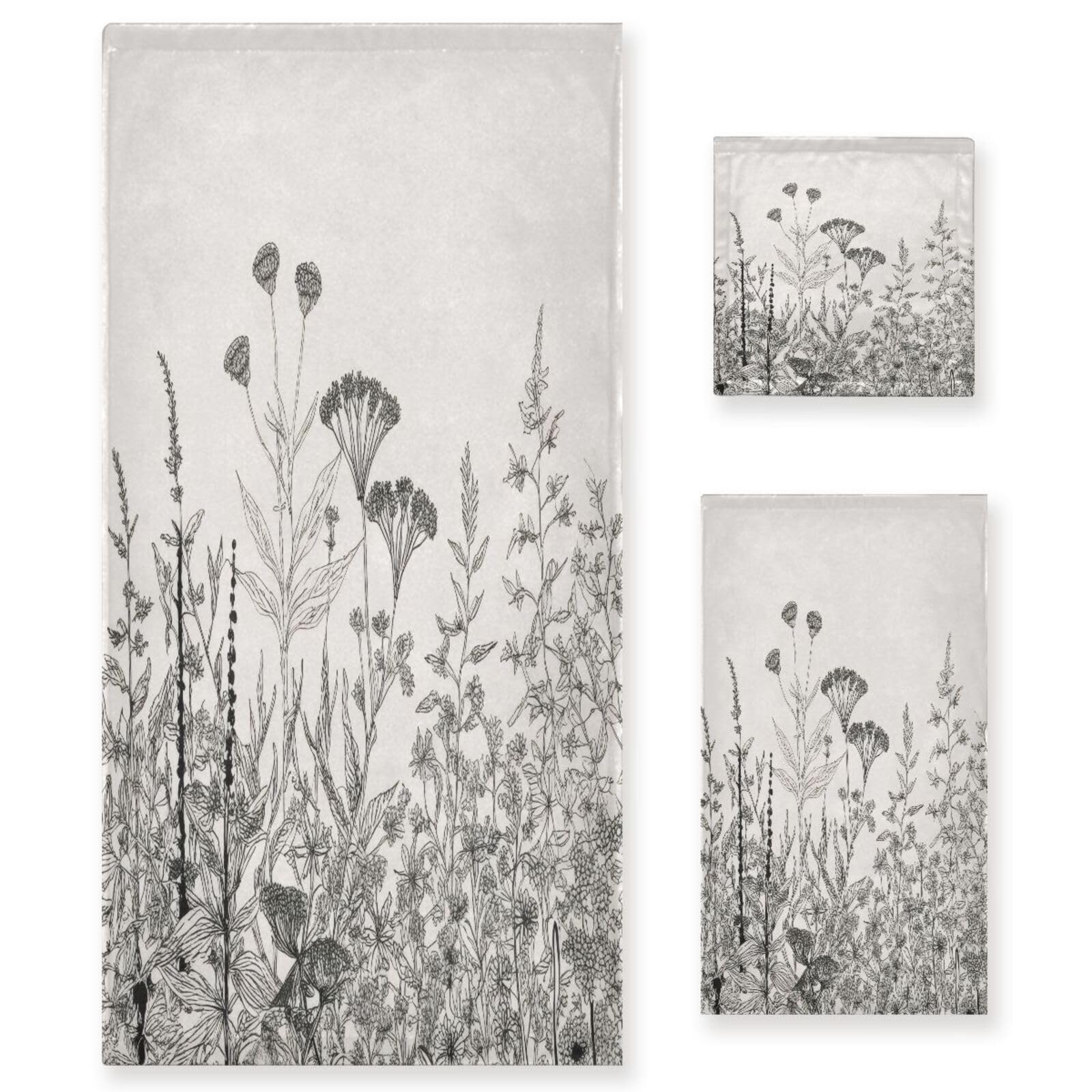 Vintage Wild Flowers Cotton Bath Towel Set - 3 Piece Soft Quick Dry Towels (Bath, Hand, Washcloth) for Bathroom, Spa & Guest Use | Botanical Herbs Dragonfly Butterfly Design