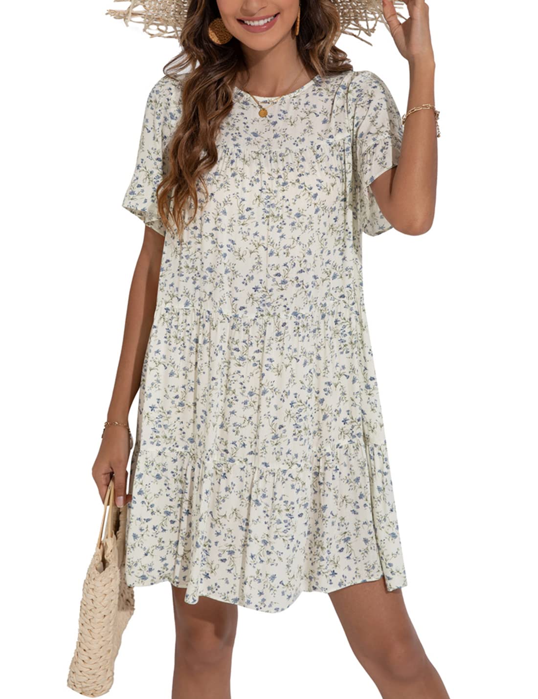 Locachy Women's Summer Floral Printed Pleated Mini Dress with Ruffle Sleeves - Perfect for Beach Vacations, Date Nights & Casual Outings