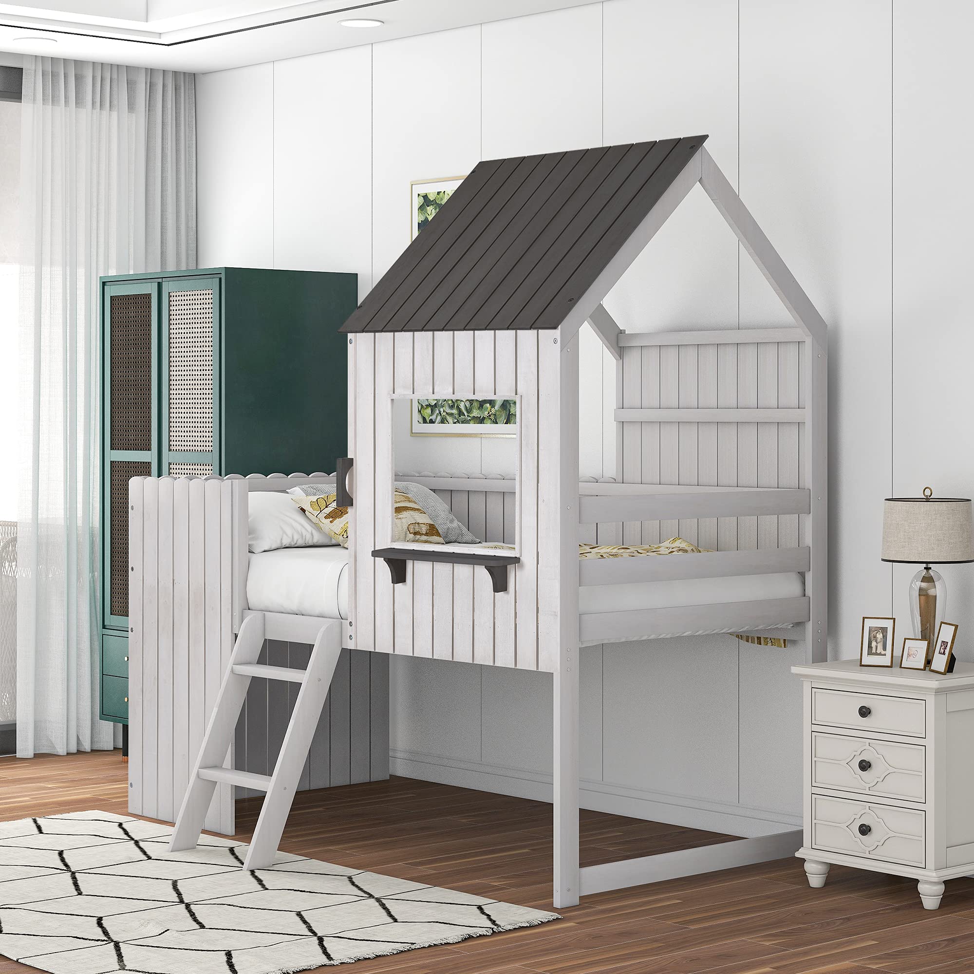 SQX Antique White Wooden Twin Size Loft Bed with Roof, Window, Guardrail & Ladder - Kids House Style Bed Frame for Small Spaces - Perfect for Bedrooms, Playrooms & Dorm Rooms