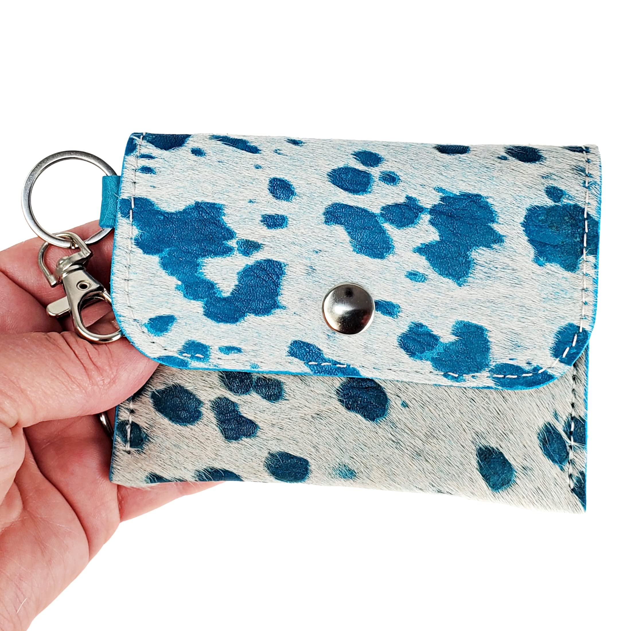 Premium Acid Wash Cowhide Keychain ID Card Wallet - Secure Business Card Holder with Hair-On Leather, Clip for Large Purses & Easy Grab & Go - Perfect for Travel, Work & Everyday Use (Turquoise Acid Wash)